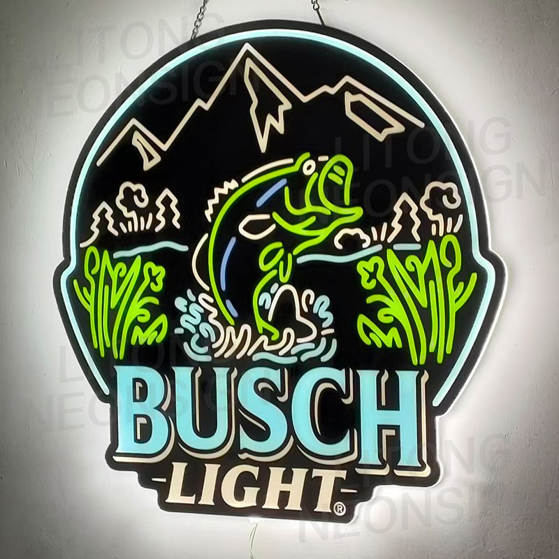 US STOCK Bass Fishing Busch Light LED Neon Sign 14" Bar Club Display With Dimmer