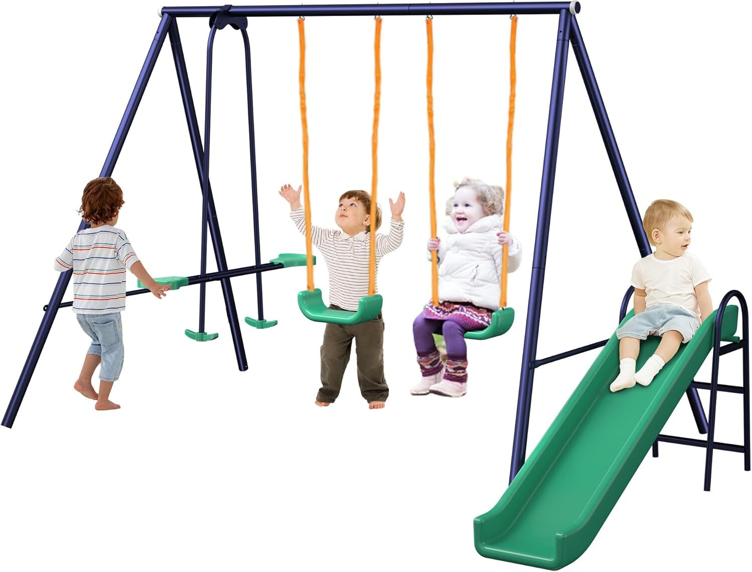 Metal Swing Sets 3 in 1 Kids Large Swing A-Frame with 2 Swing, 1 Glider 1 Slide