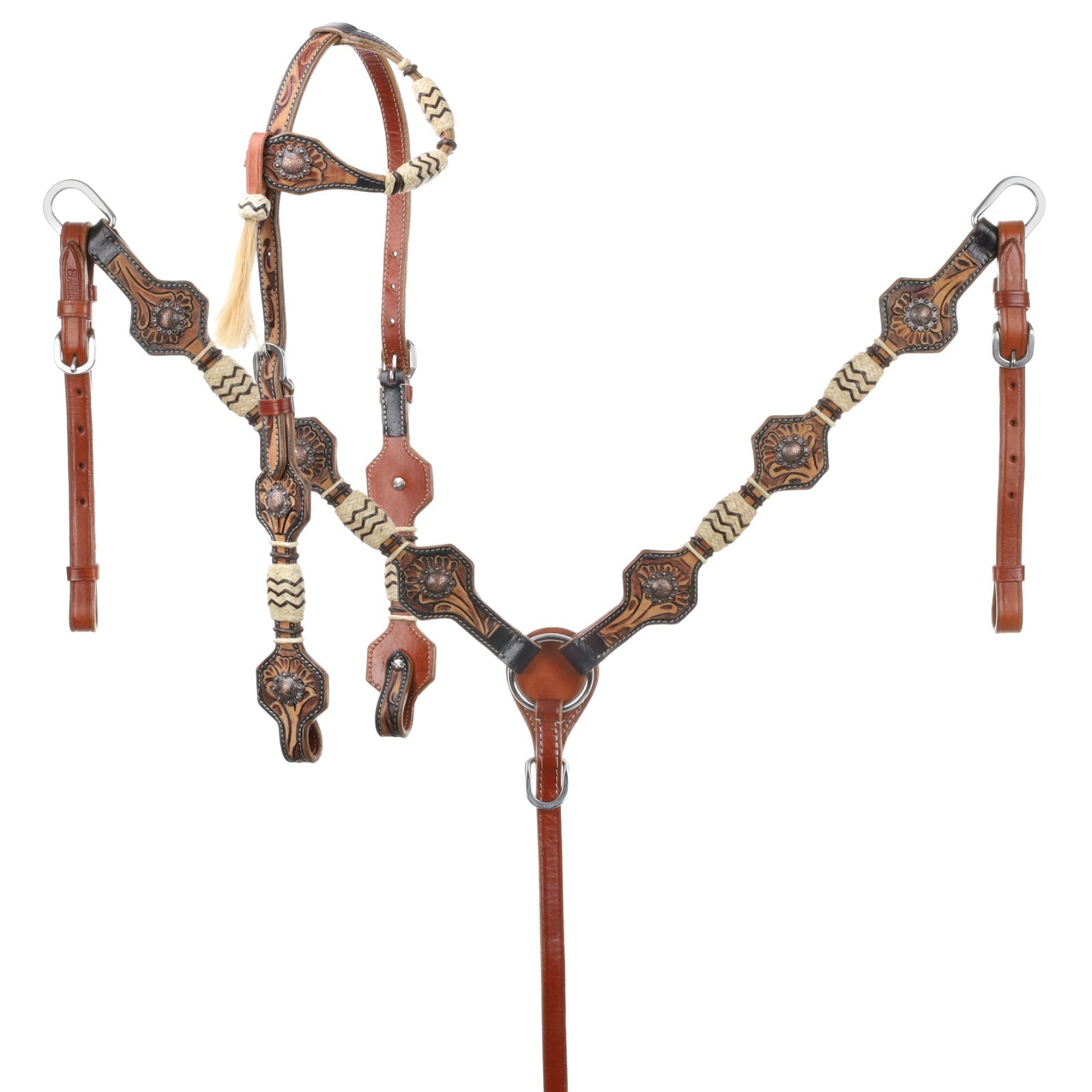 Rawhide Accents & Horsehair Tassel One Ear Headstall & Breast Collar & Reins NEW