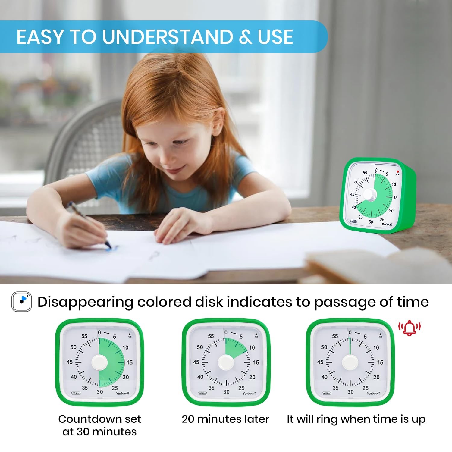 Yunbaoit Visual Timer with Protective Case, 60 Minute Silent Dark Green