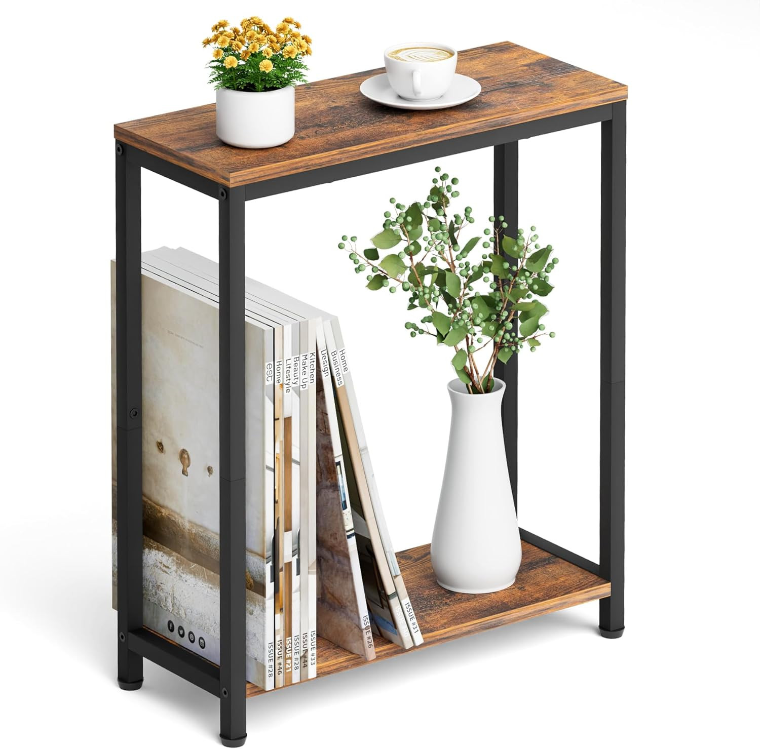 Narrow Small Side Table for Small Space, 2 Tier Sofa Skinny End Table for Living