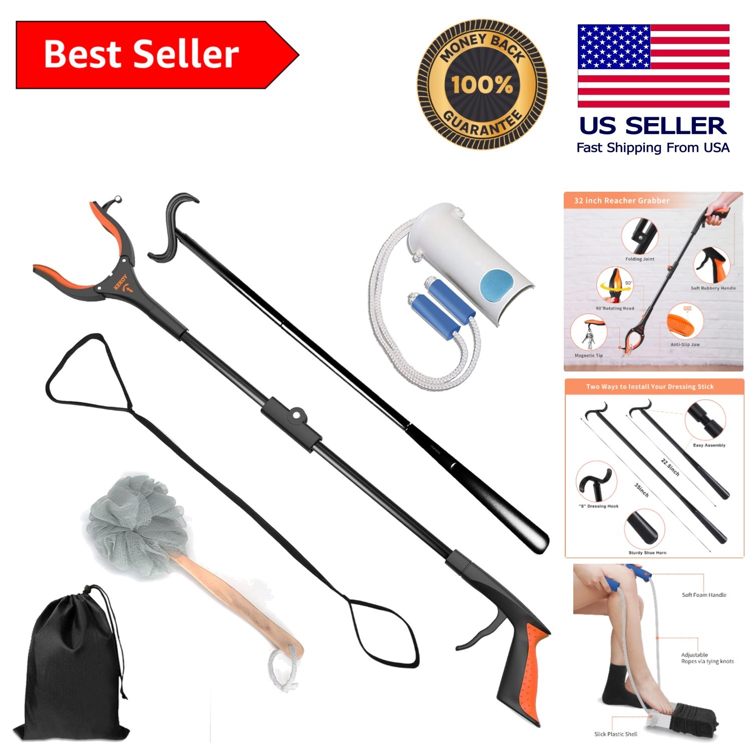 7-in-1 Hip Kit: Essential Recovery Set for Knee & Back Surgery - 32" Reacher