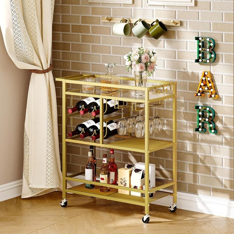 Multi-Level Kitchen Cart W/ Wine Rack Glass Holders Rolling Storage Trolley New