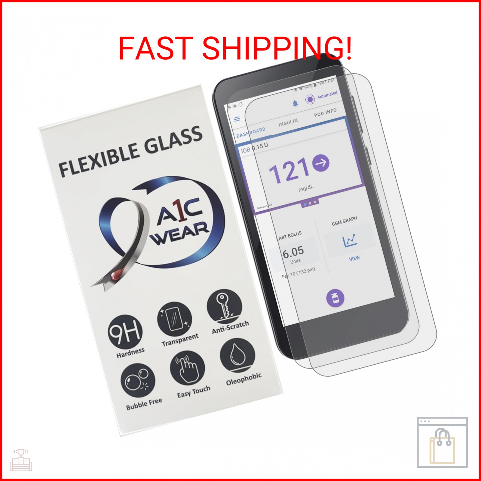 A1C WEAR - 9H Flexible Glass Screen Protector for Omnipod 5 Receiver PDM - Won't