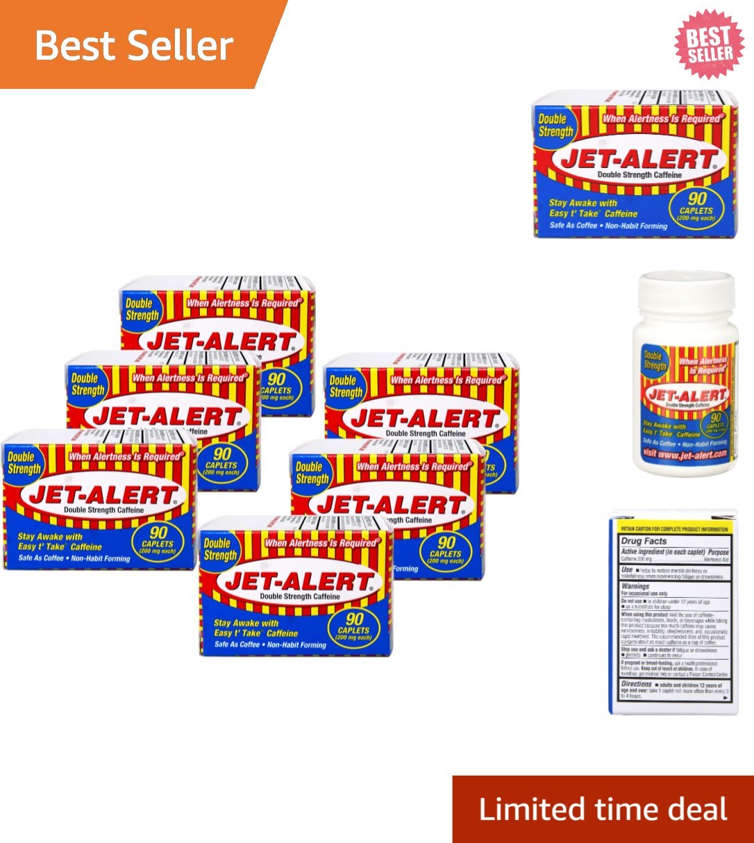 Value Pack of 6 Jet Alert Caffeine Tablets, 540 Tablets Total - Unflavored