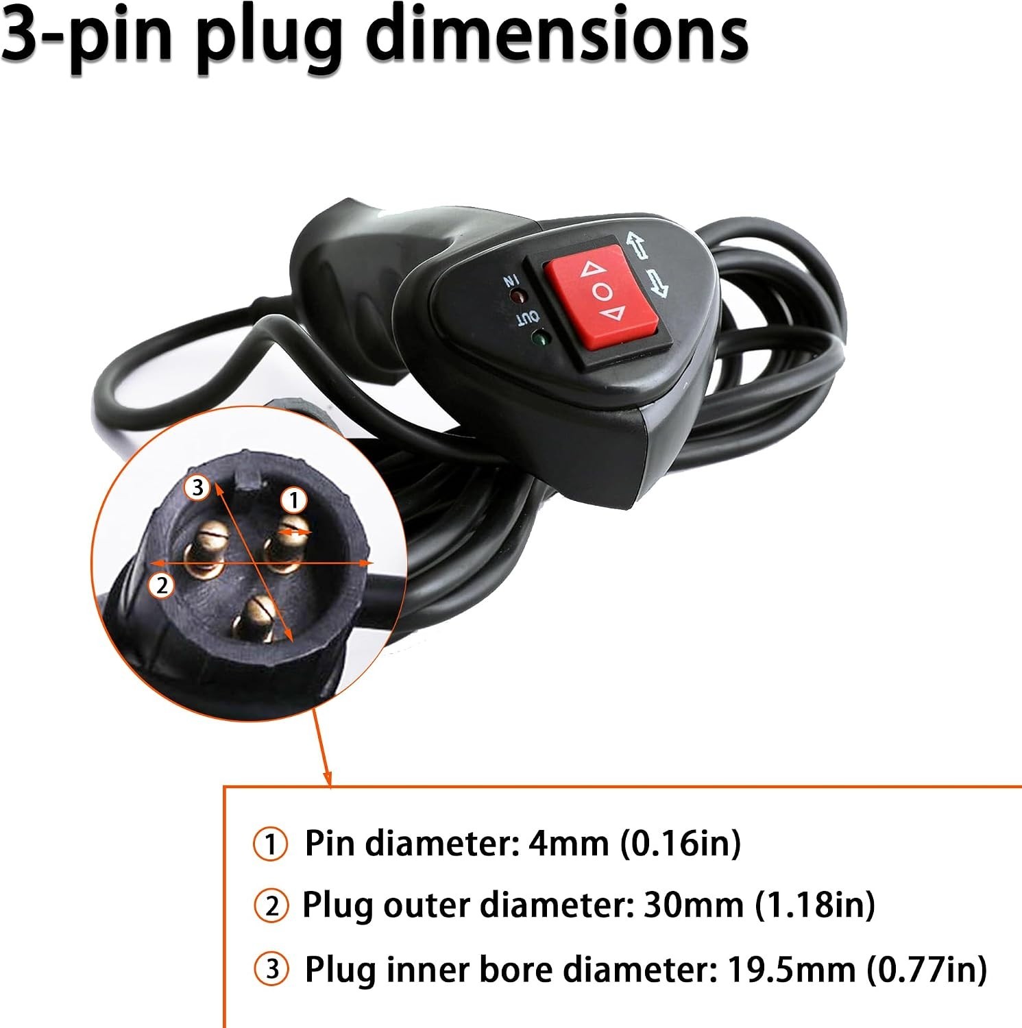 3-Pin Male Plug Electric Winch Handheld Remote Controller with 11.48ft Cable