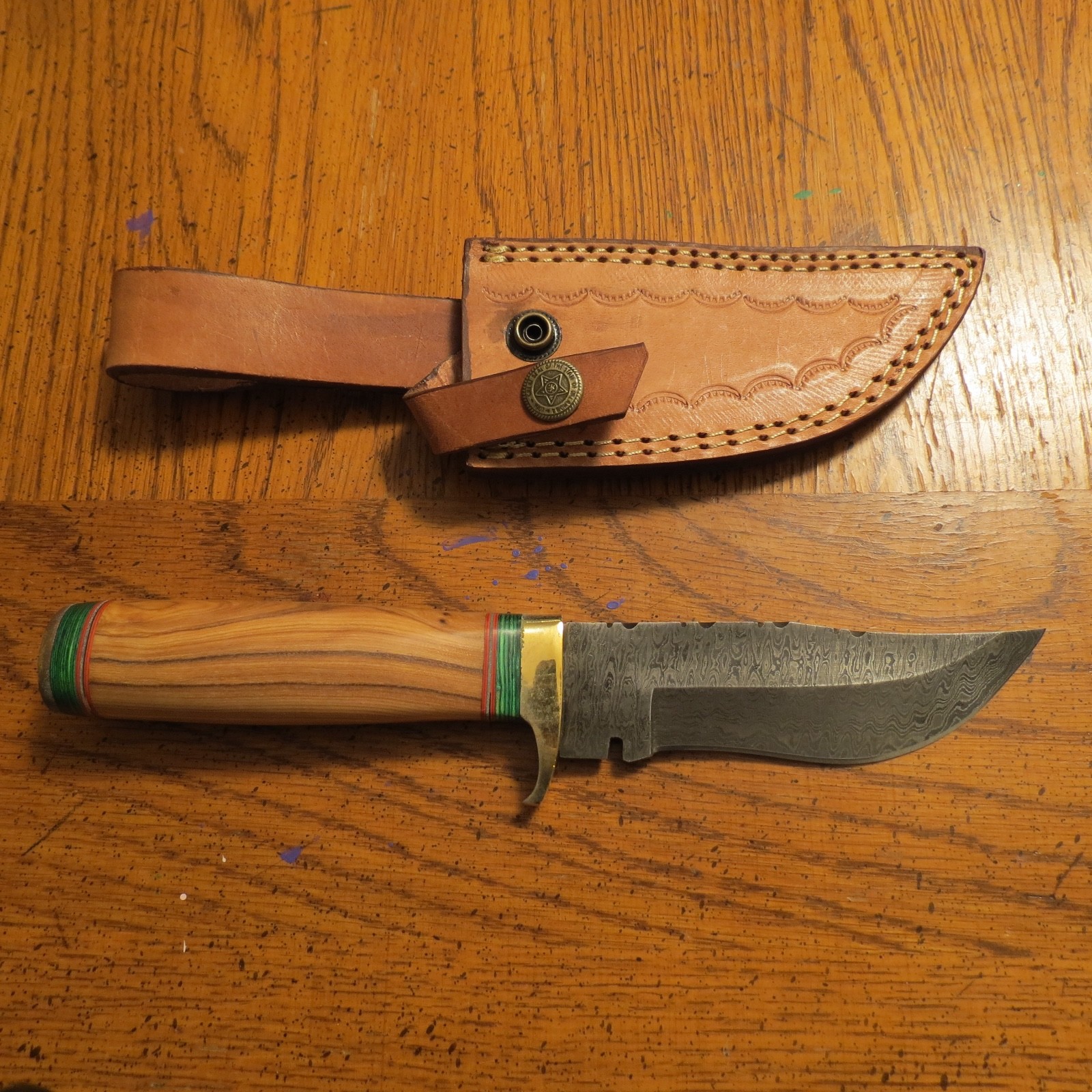 Damascus Bowie knife w/ blonde color wood handle & leather sheath hand made