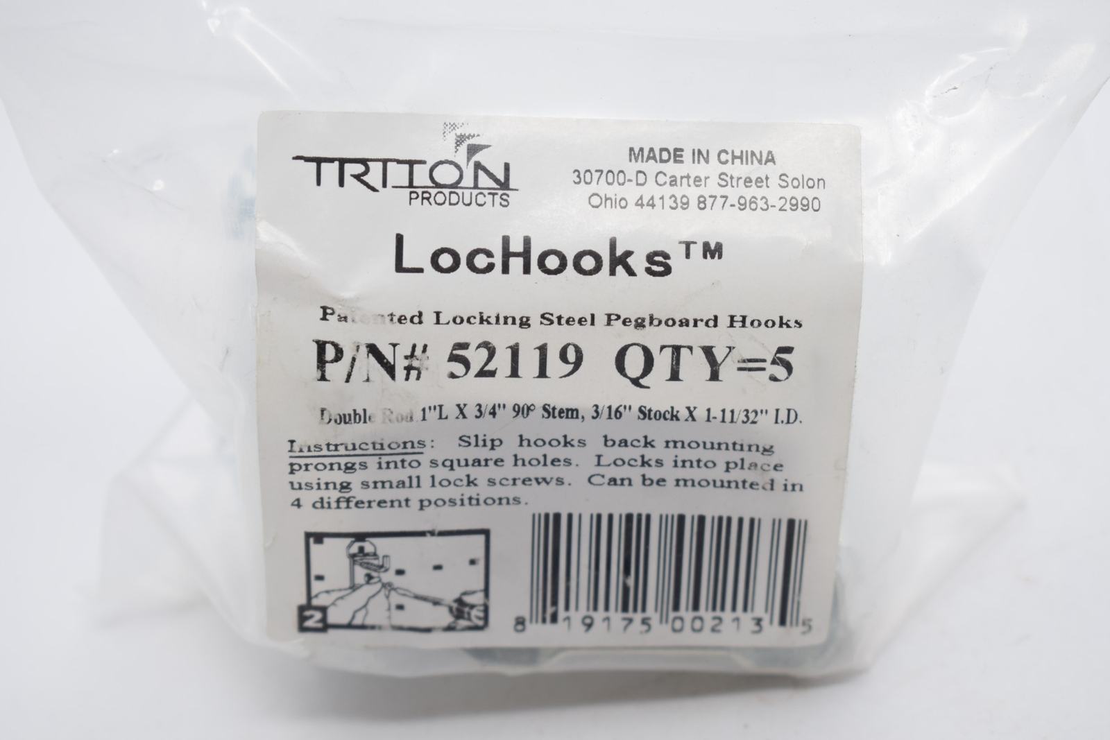 NEW Triton 52119 LocHook 1 -Inch Double Rod 90-Degree Bend 3/16-Inch Diameter Zi