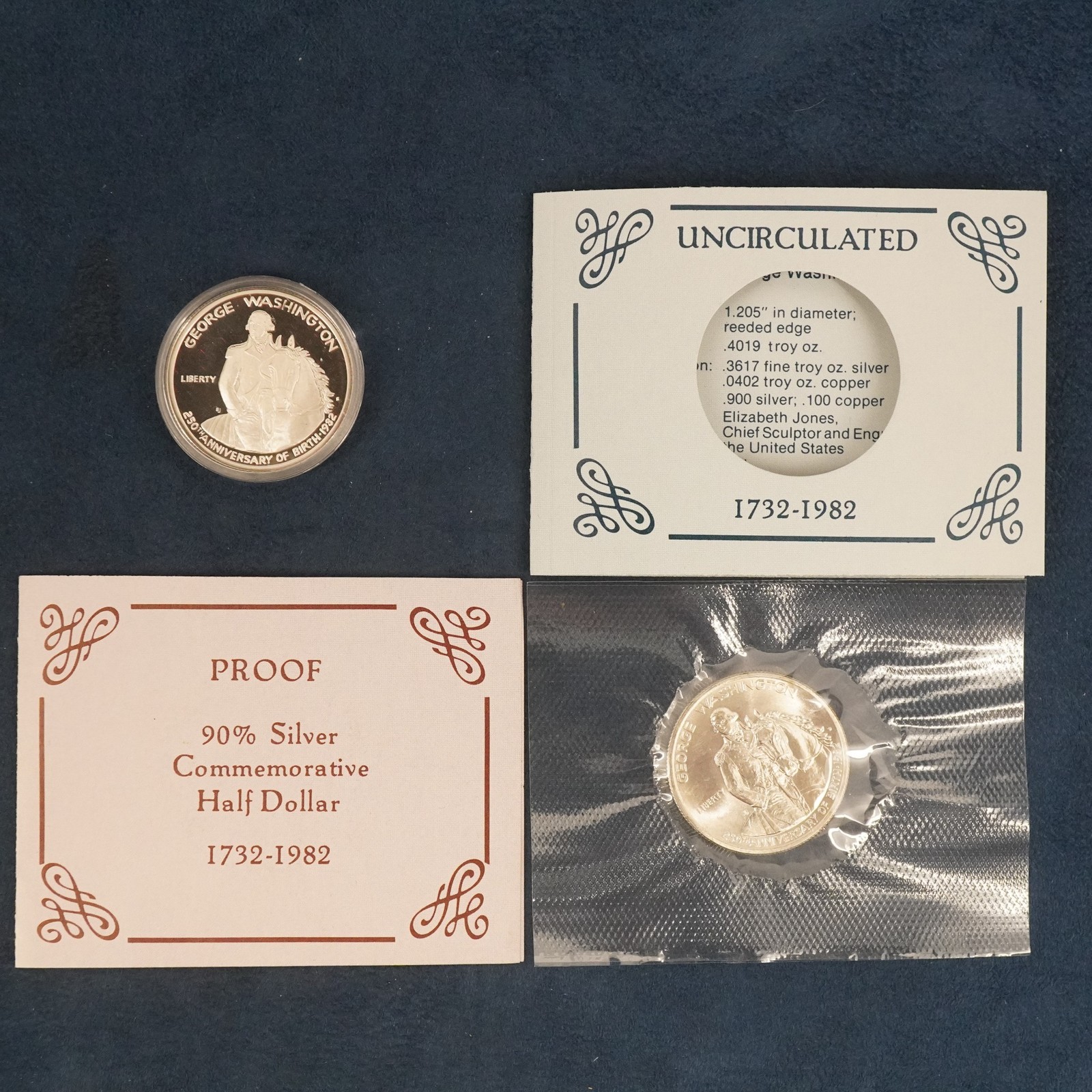 1982 George Washington Commemorative Proof & UNC Silver Half Dollar Pair w/COAs