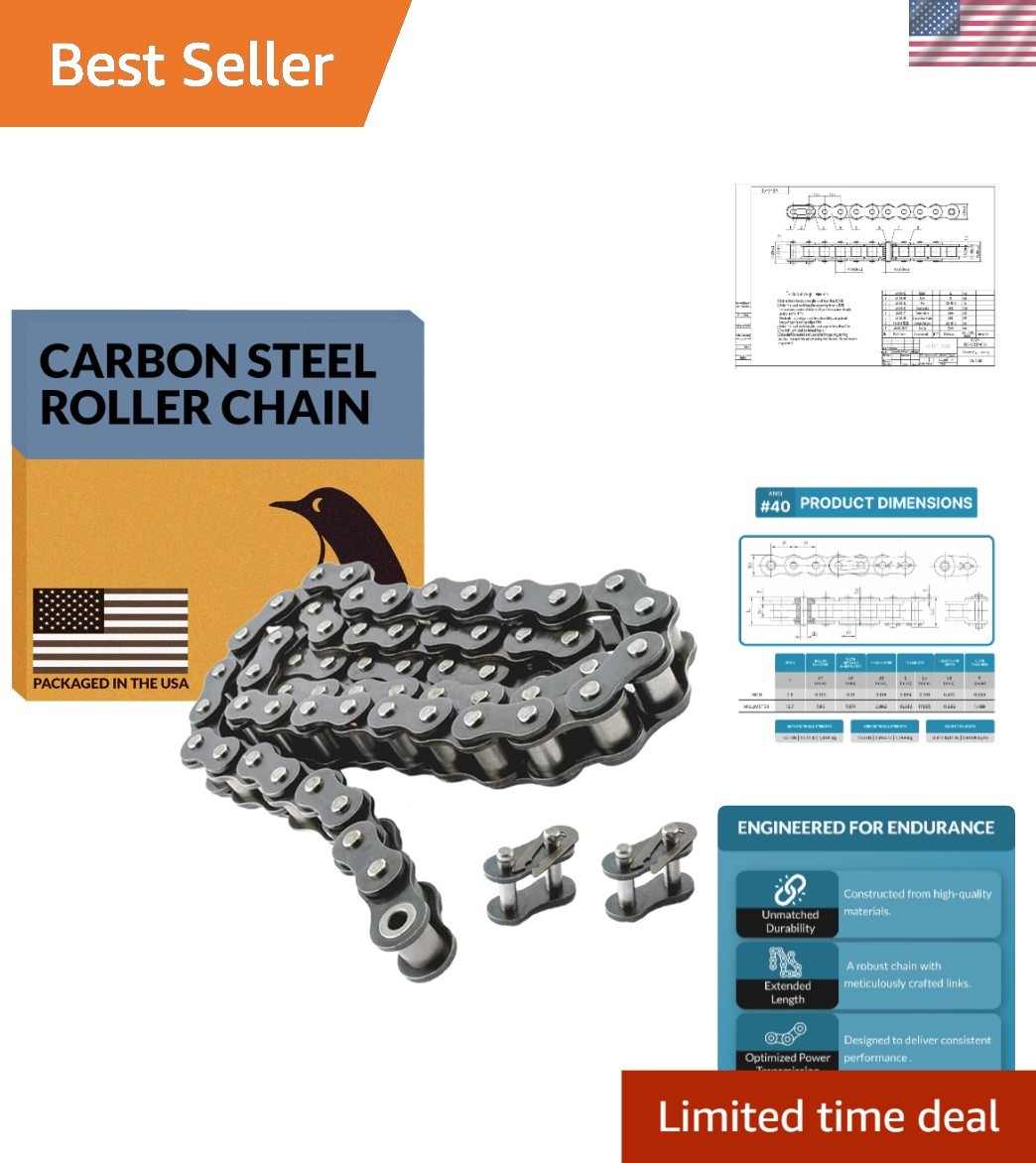 10ft Carbon Steel Roller Chain with 2 Connectors - Strong & Reliable