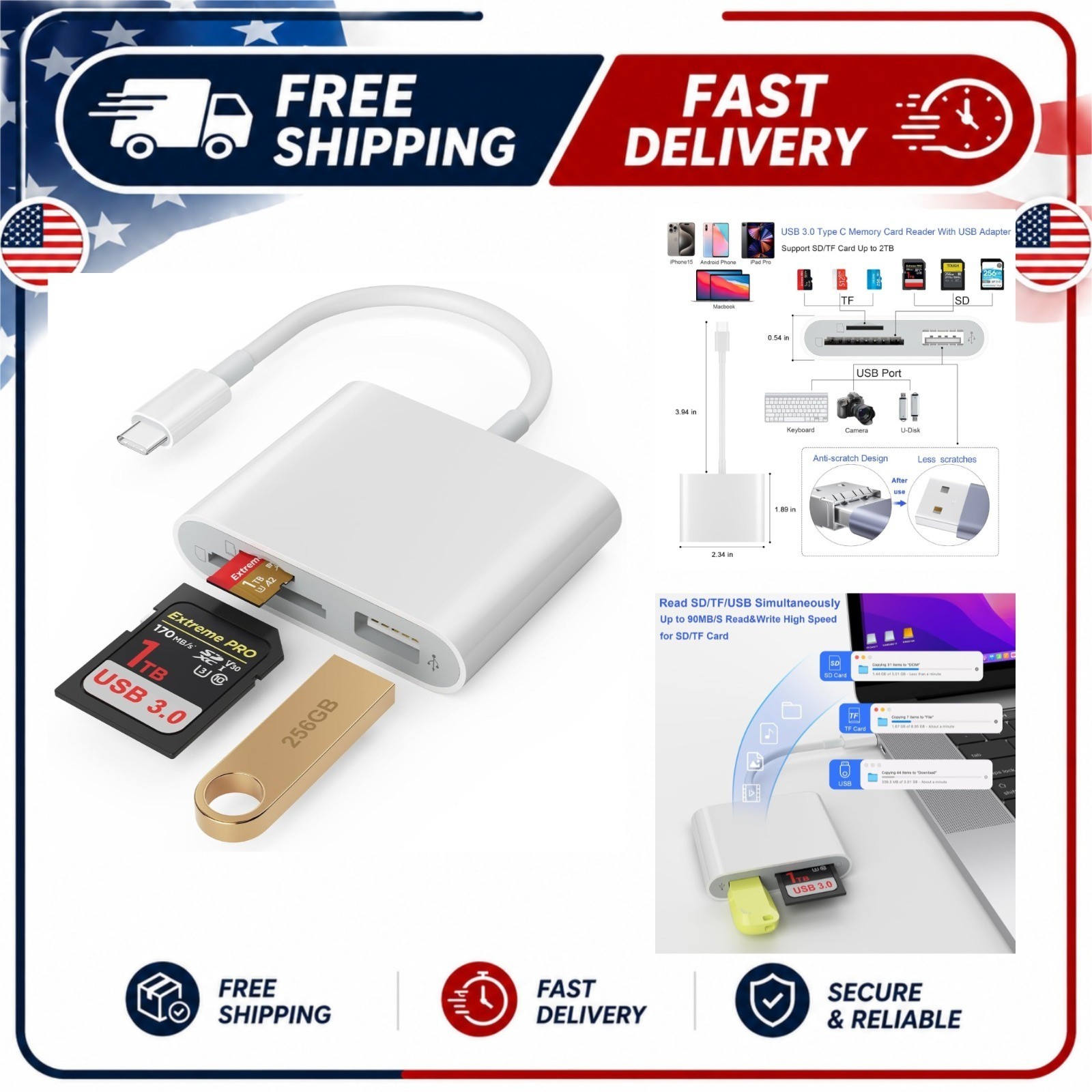 USB-C SD Card Reader USB 3.0 Adapter Dual Slot SD microSD