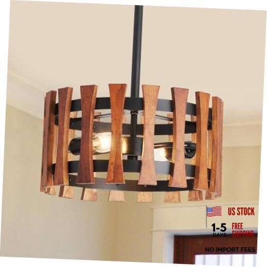 2-Light Farmhouse Wood Pendant Lights Rustic Wood Chandeliers with Black