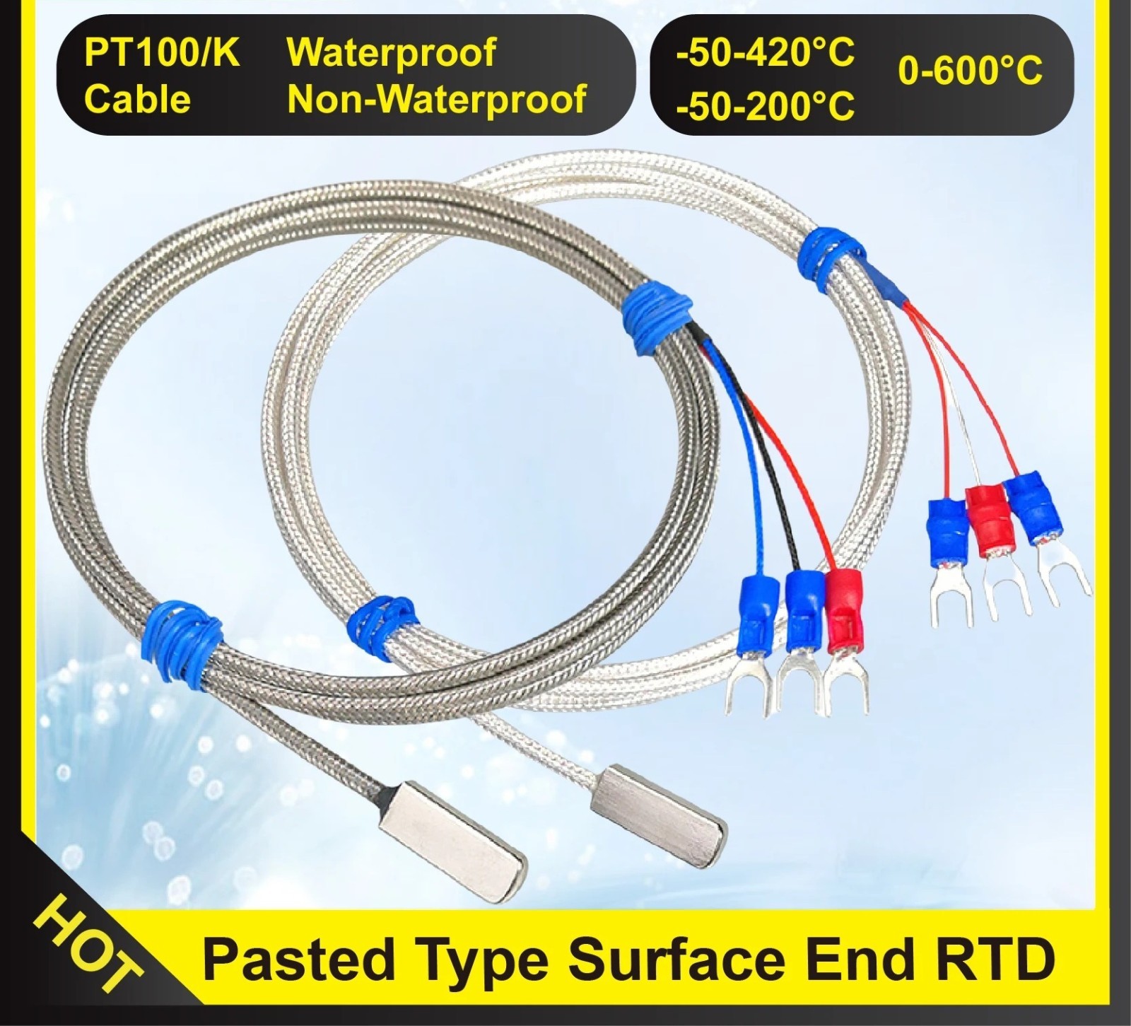 Temperature Sensor PT100 RTD Surface Adhesive Pasted Hole Stainless Steel Cable