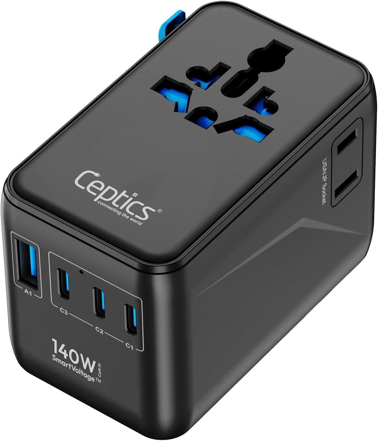 6 in 1 International Power Adapter with PD 140W USB-C, 1X USB-A, 3X Type C, Univ