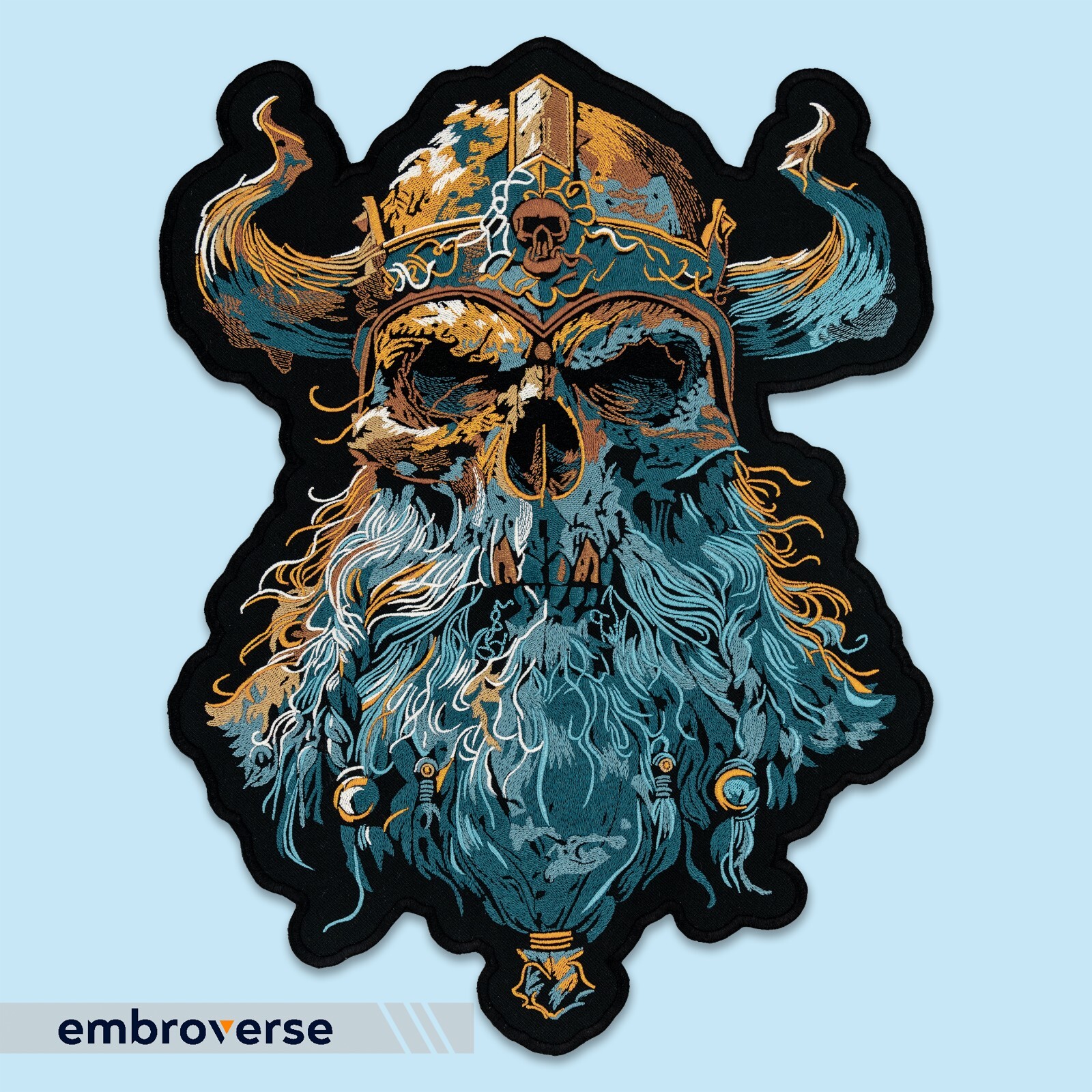 Viking Skull Embroidered Large Back Patch - Norse Warrior Helmet, Iron-On
