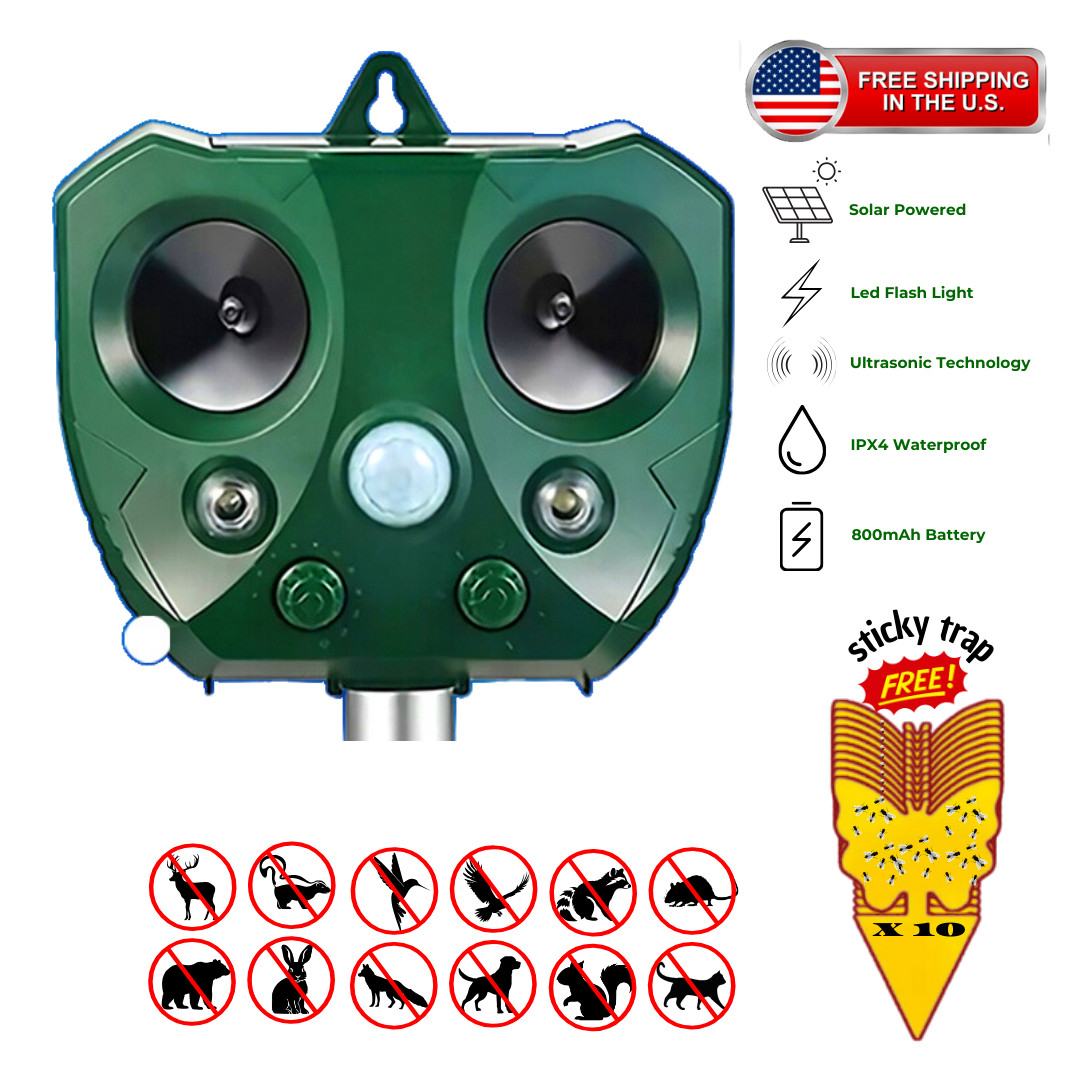 Outdoor Solar Ultrasonic Power Pest Animal Repeller Garden Deer Fox + stickytrap