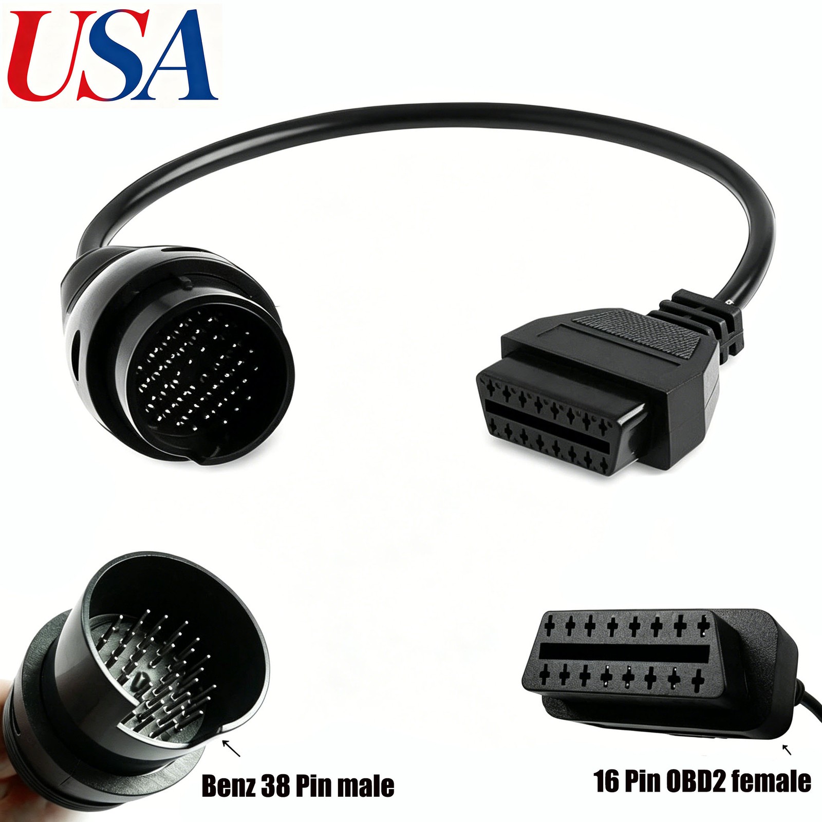 OBD2 38 to 16 Pin Adaptor Diagnostic Lead Scanner Cable For Mercedes Benz