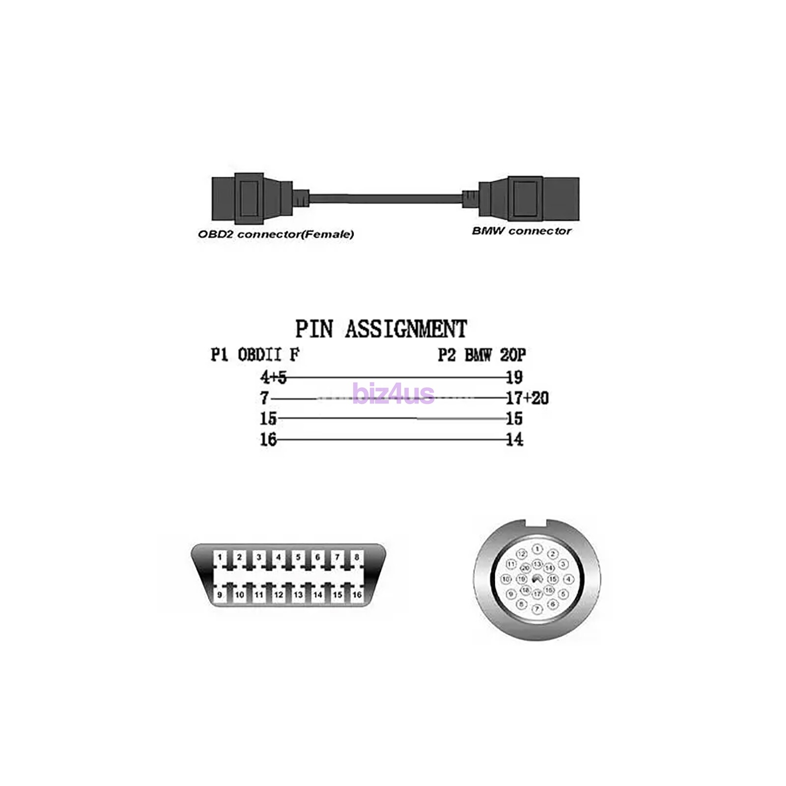 20Pin to 16Pin OBD2 Adapter Connector Cable Scanner for BMW E36/E38/E39/E46/Z3