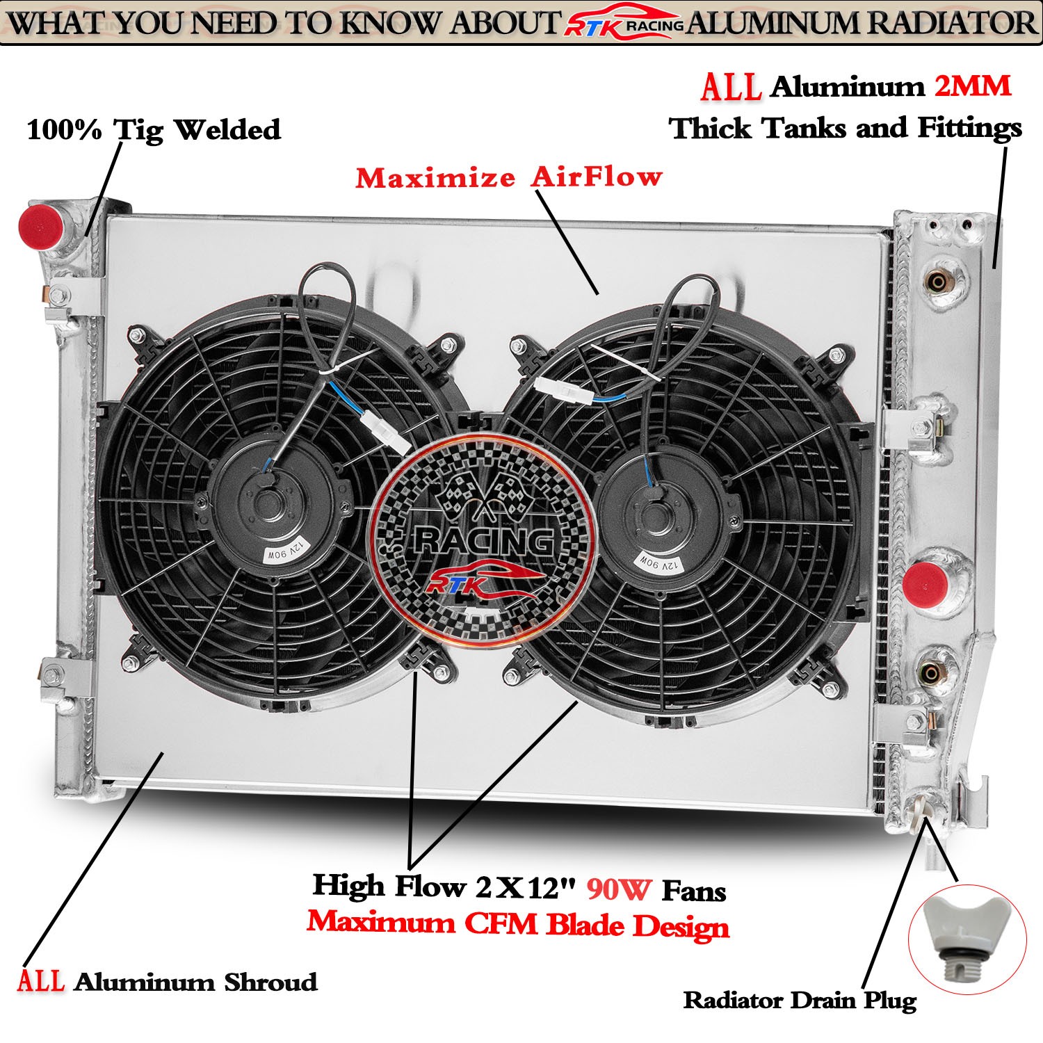 4 Row Radiator Shroud Fan For 1997-2004 03 Chevrolet Corvette Z06 C5 5.7L V8 AT