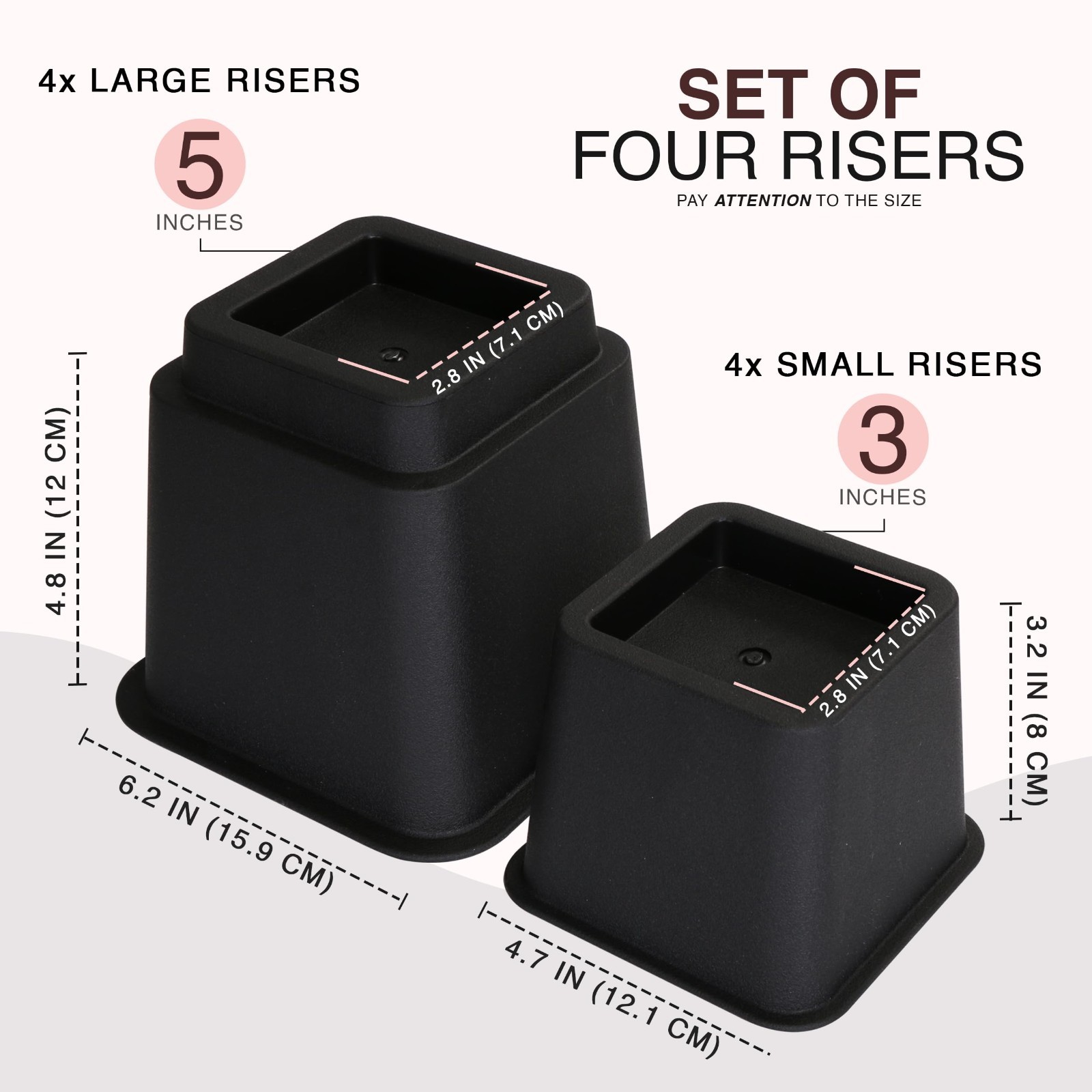 Adjustable Bed Risers 3 & 5 Inch, 1300 lbs Capacity, 4 Pack - Black Height Boost