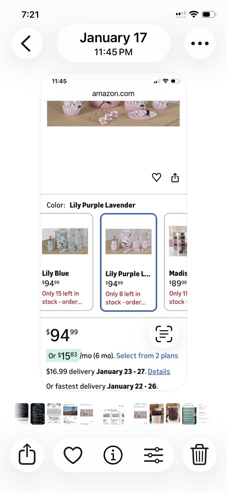 BH Home & Linen Ceramic 6-Piece Bathroom Set Lily Purple Lavender Floral