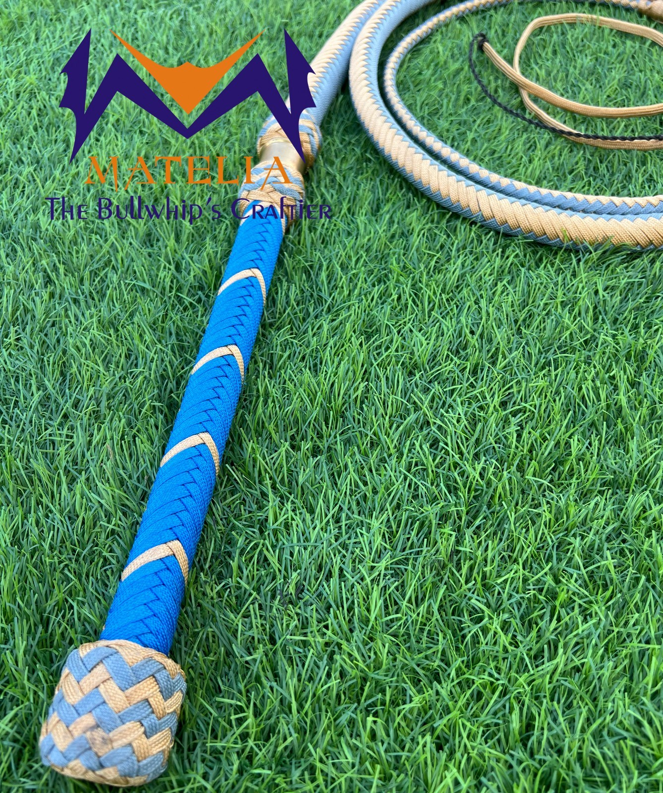Waxed Nylon Bullwhip, Blue, light Gold: Australian Style, Size 4ft-12ft