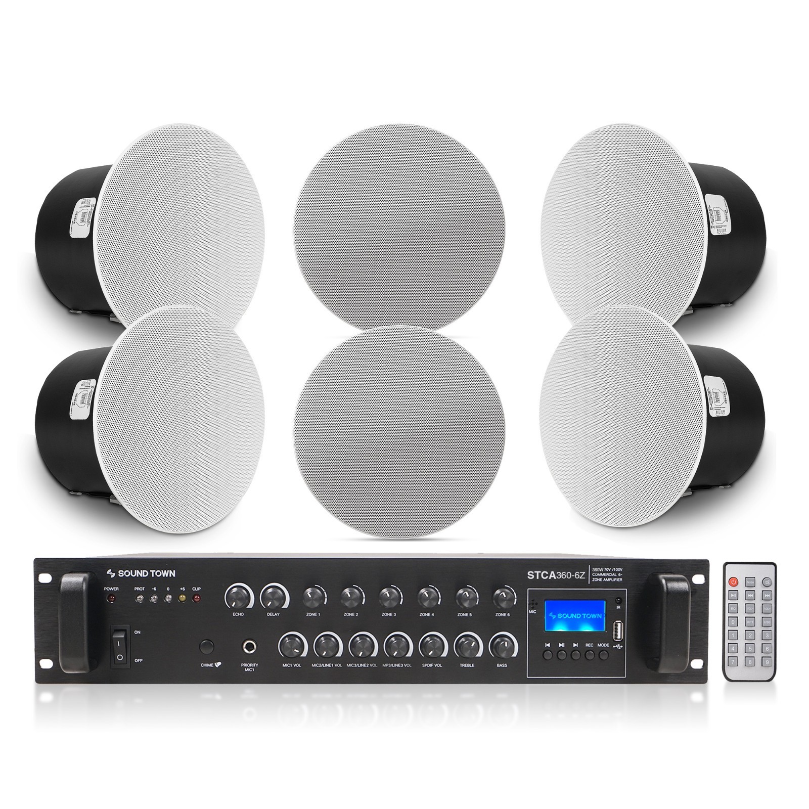 Sound Town 6-Zone 70V/100V Amp 6" Ceiling Speaker Installation (STCA360-STCS6)