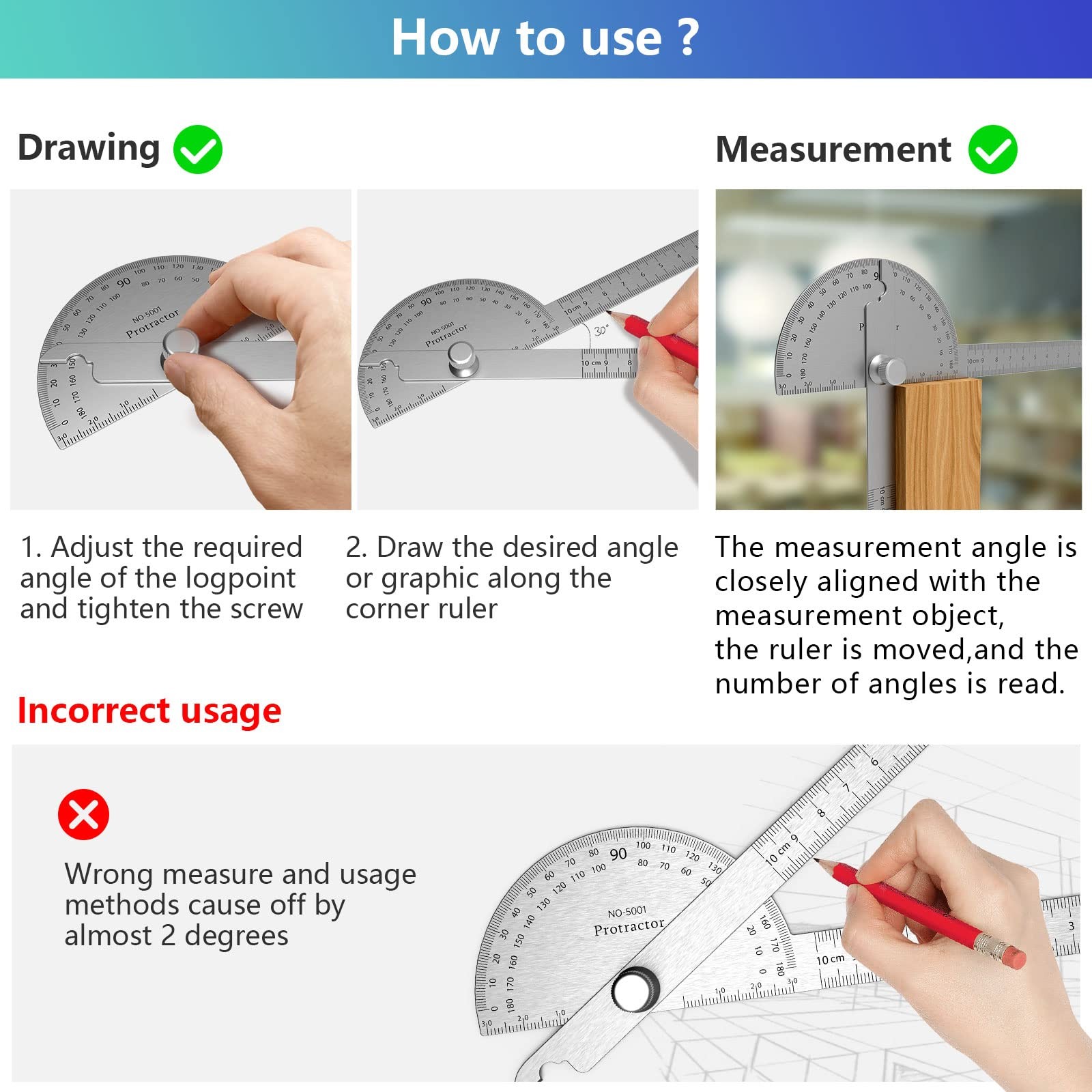 Stainless Steel Protractor 180 Degrees Two Arm Ruler Adjustable Angle Protrac...
