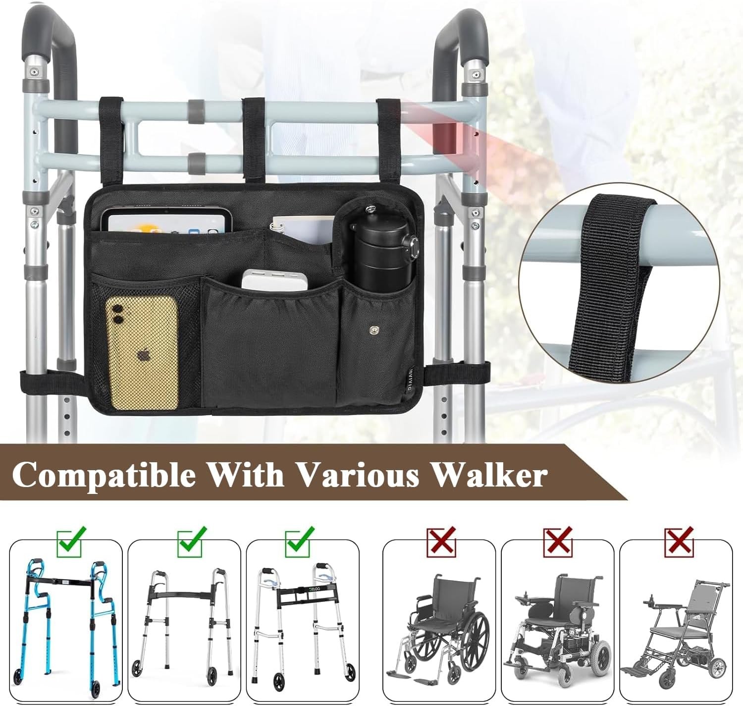 Walker Bag Multiple Pockets Basket for Folding with Cup Black