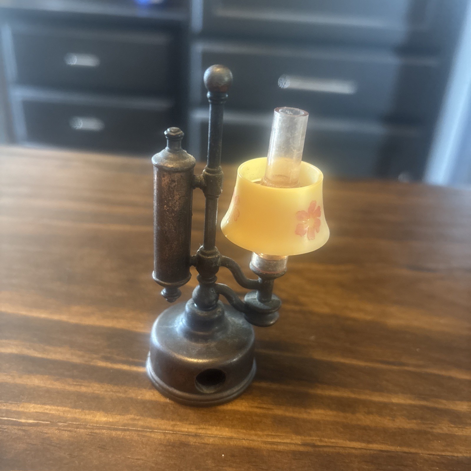 Miniature Vintage Die-Cast Oil Lamp Pencil Sharpener 3-1/2” Tall