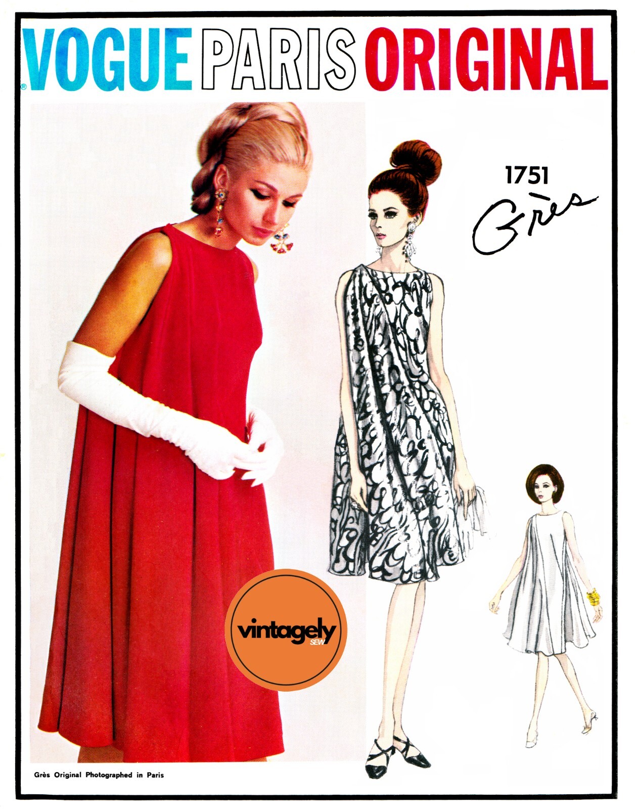 60s Evening Dress, Bust 31" (79 cm) Vogue 1751, Sewing Pattern Reproduction