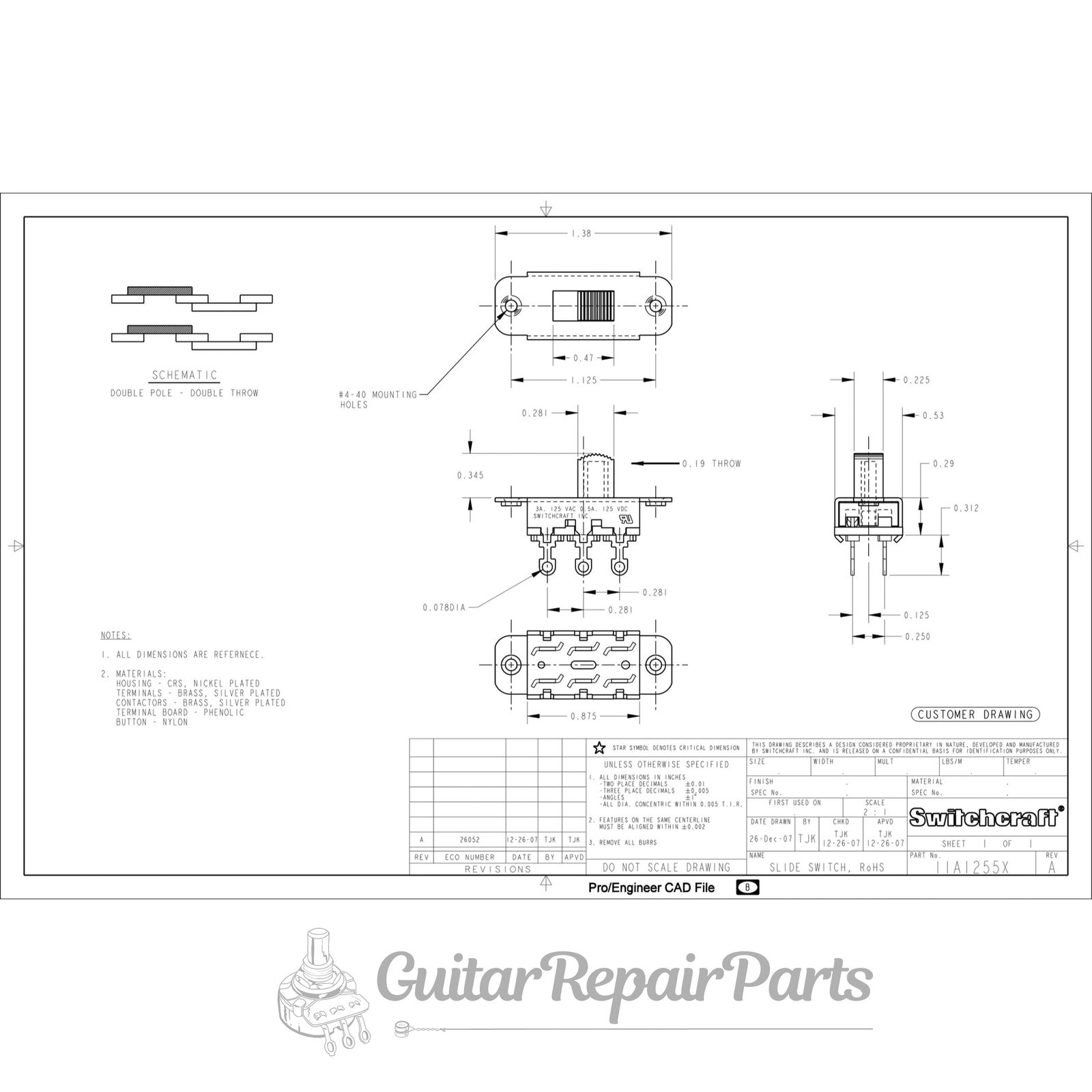 Switchcraft On-On 2-Position DPDT Slide Switch For Jazzmaster / Jaguar - Black