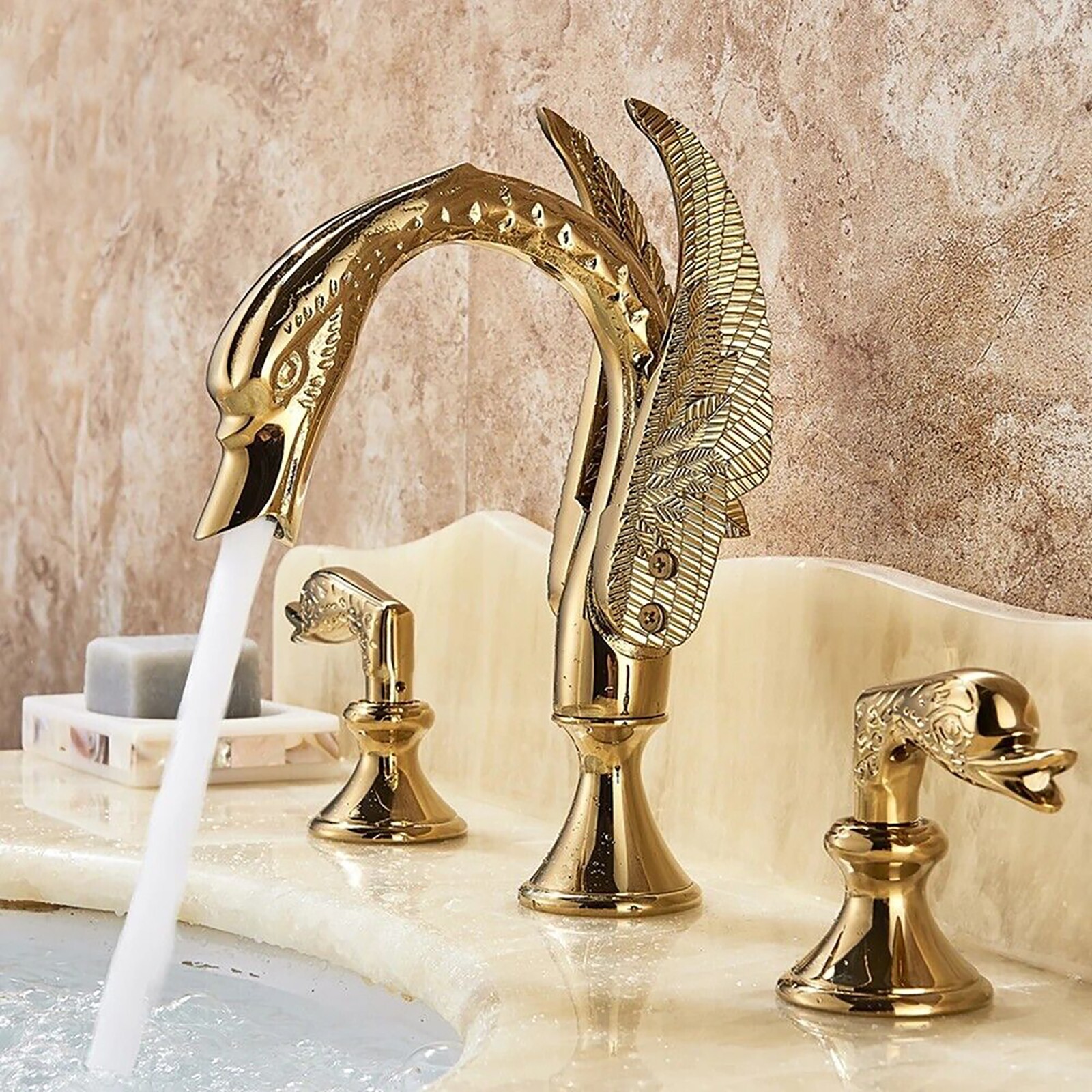 Gold Bathroom Sink Faucet Widespread 3-Holes Swan Vanity Basin Mixer Tap Faucet