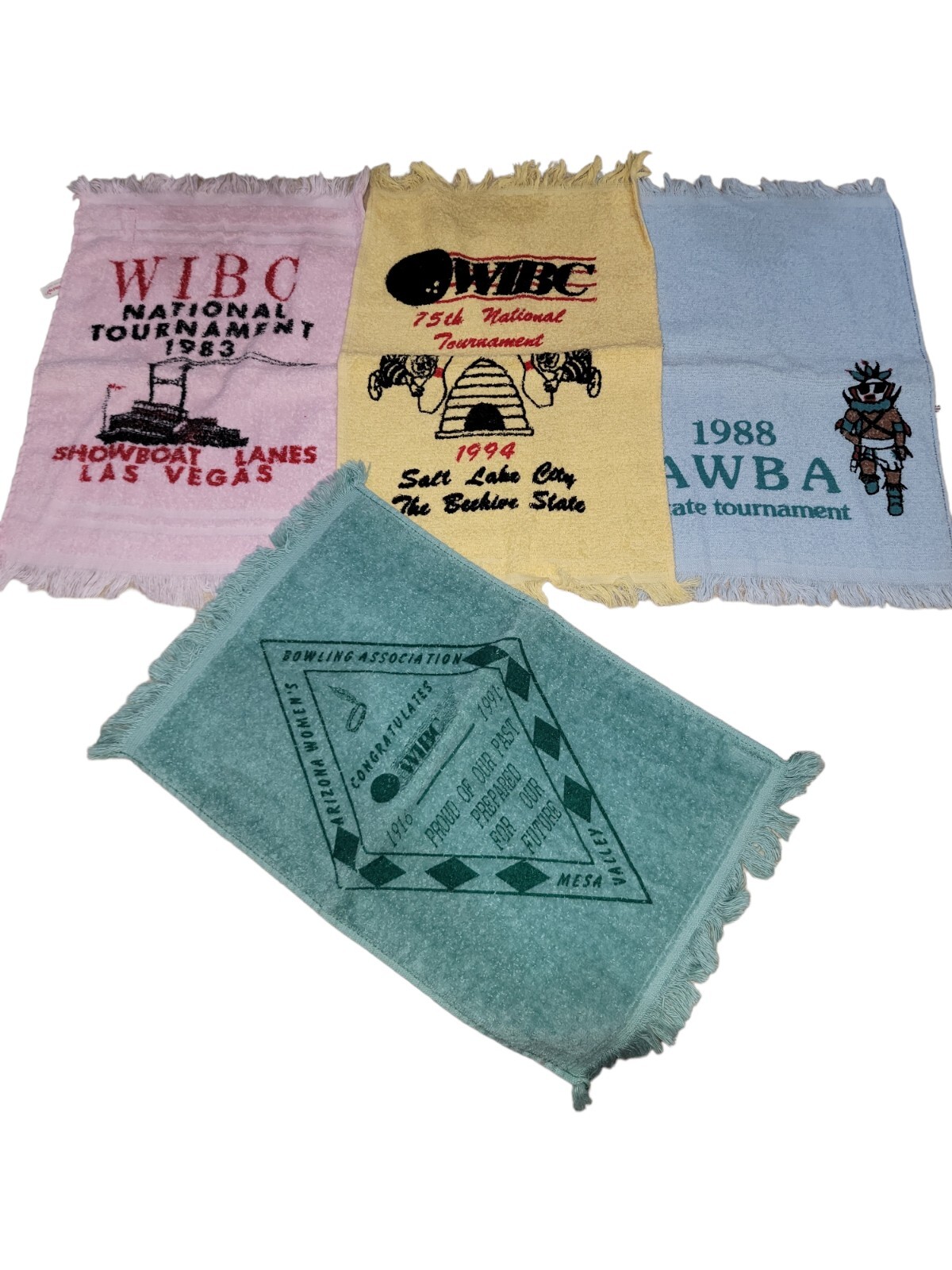 4 Vintage WIBC Bowling Towels Lot Tournament Mesa Las Vegas Salt Lake City Retro