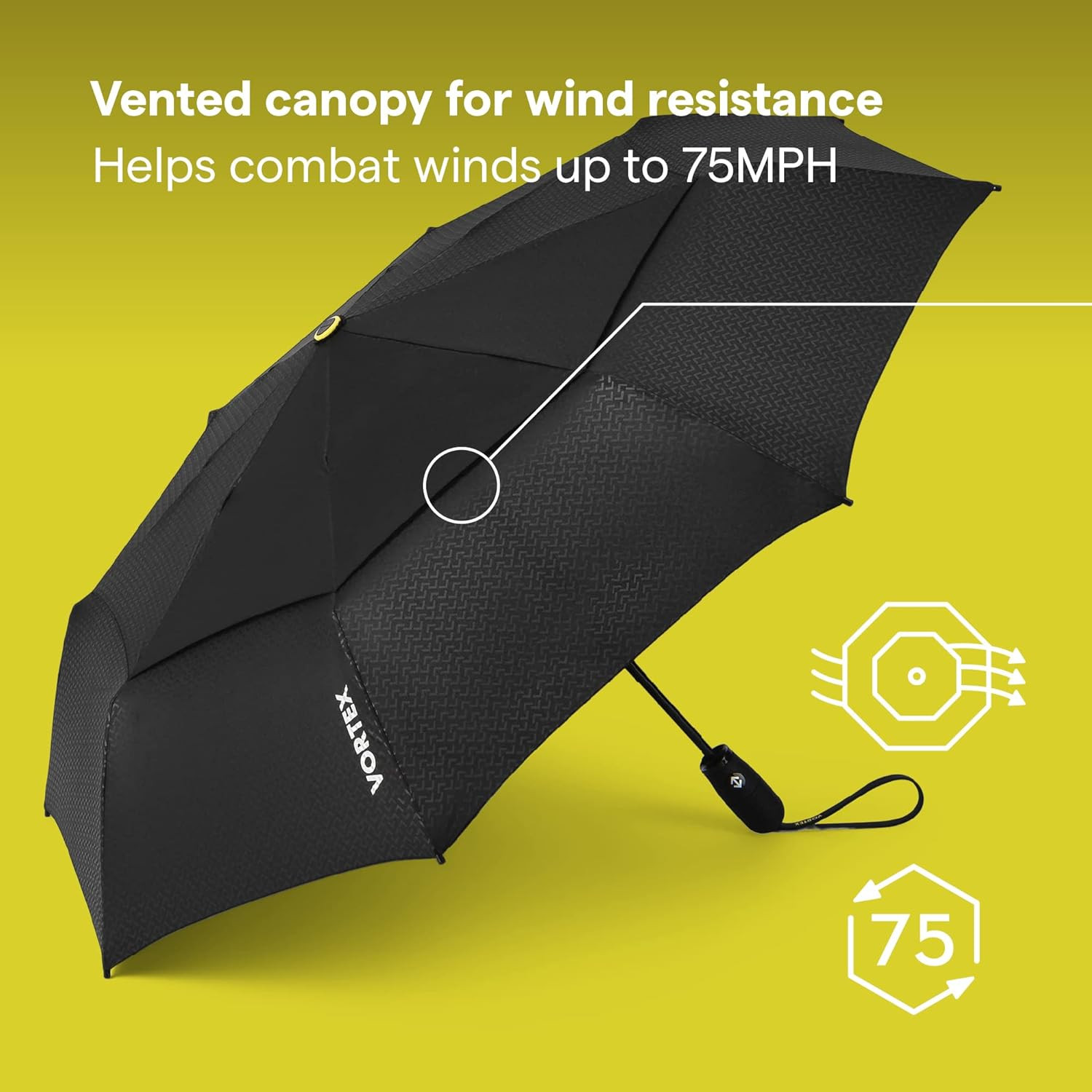 Vortex Compact Umbrella - 11" Fold, 43" Arc, One-Hand, Windproof 75 Mph