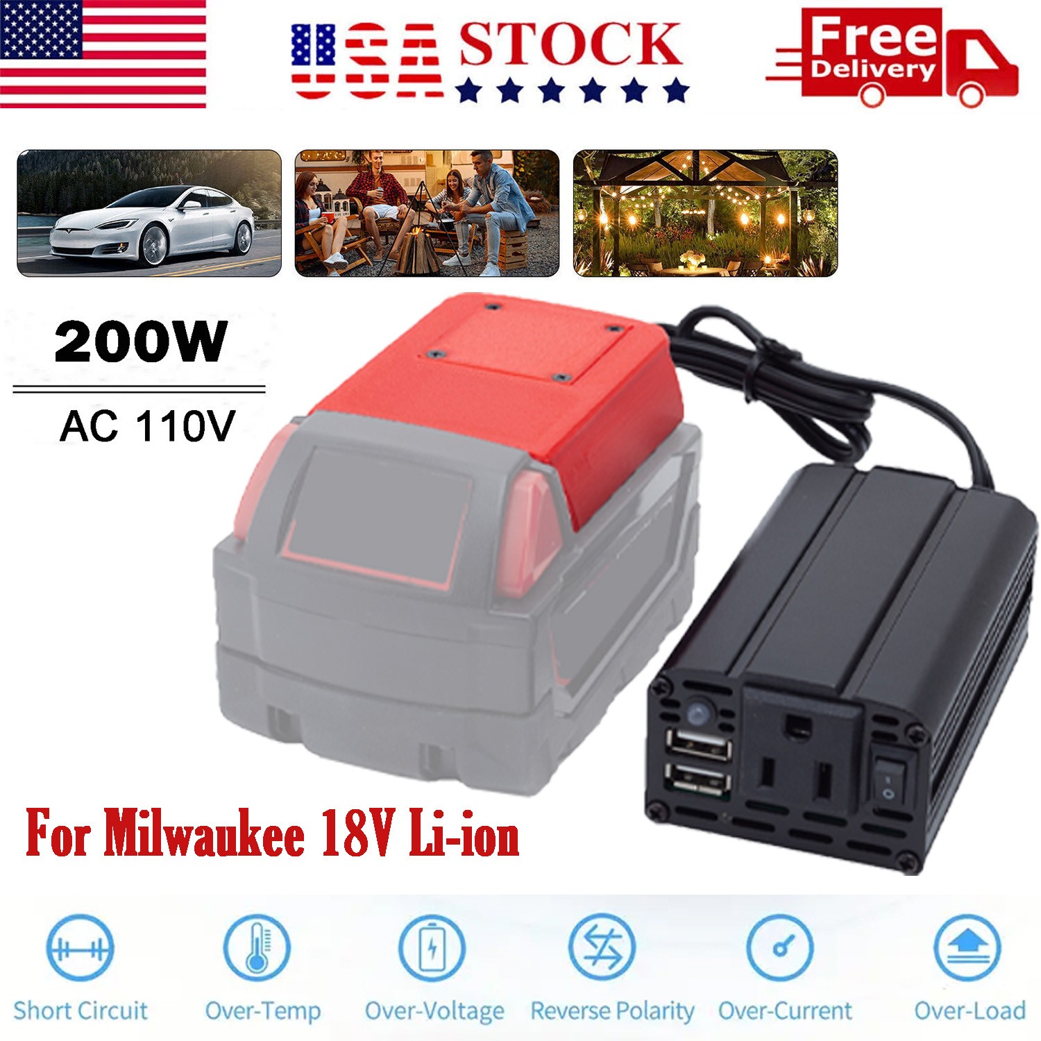 Portable Power Inverter For Milwaukee 18V Battery to AC 110V/ 200W Sine Wave US
