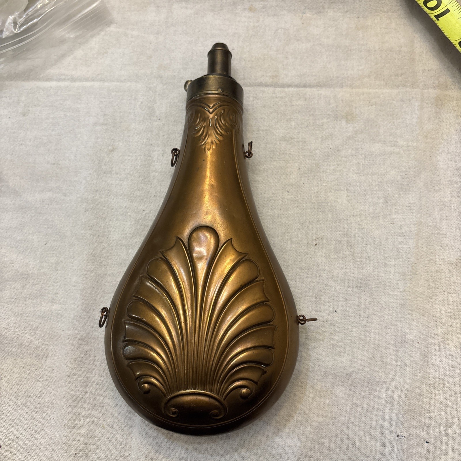 Antique Copper & Brass Black Powder Flask – Floral Shell Embossed