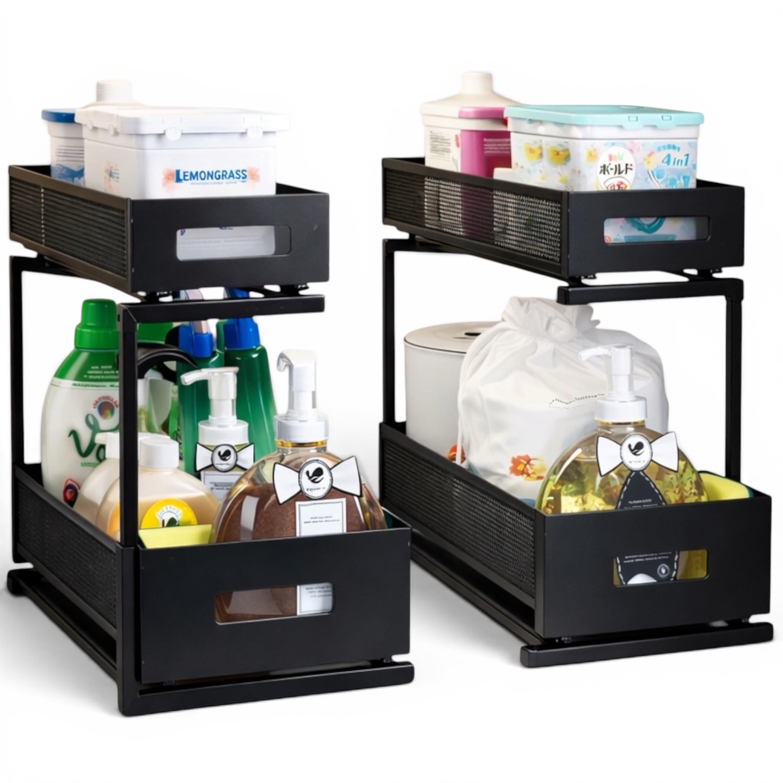 Under Sink Organizer Set of 2, Heavy Duty Matte Black Metal Cabinet Organizer...