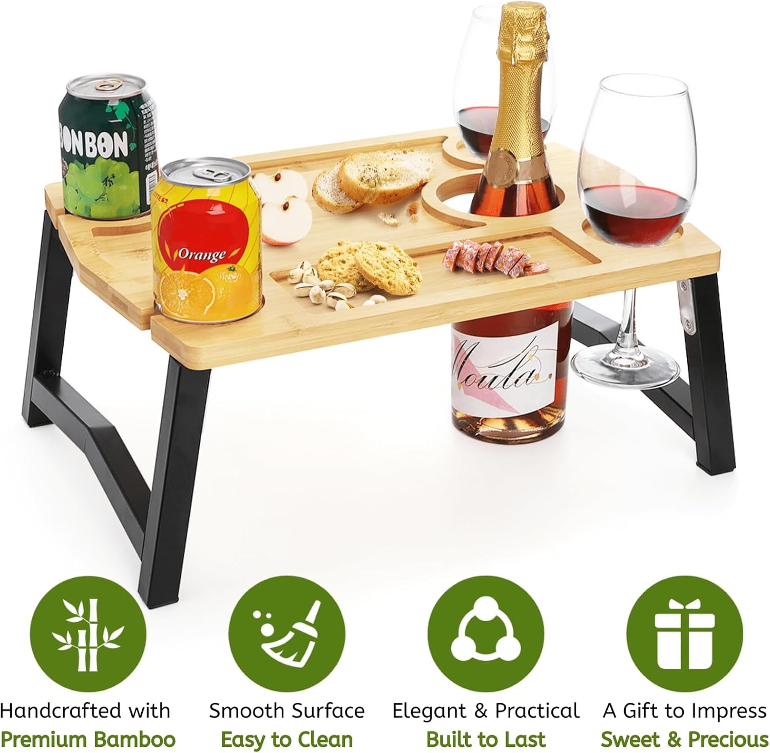 Portable Wine Picnic Table with Glass Holder, Foldable Durable Picnic