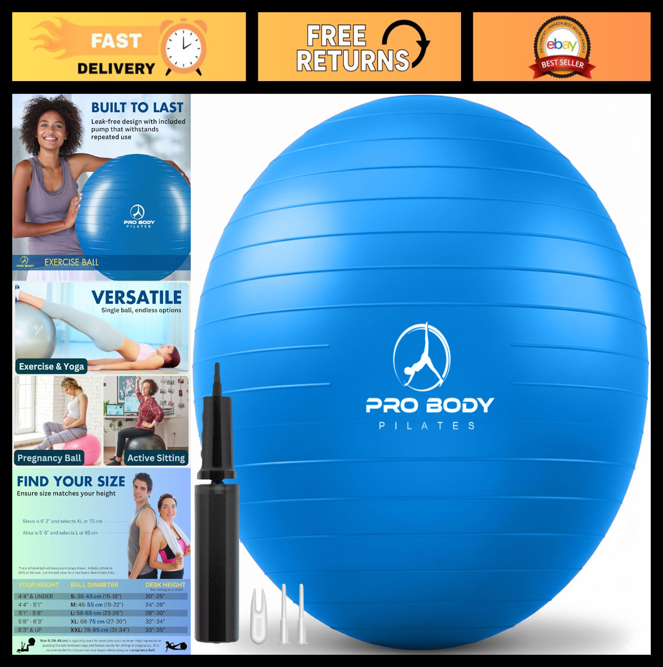 Gym Grade Pilates Exercise Ball - Fitness, Yoga, Workout, Pregnancy & Therapy -