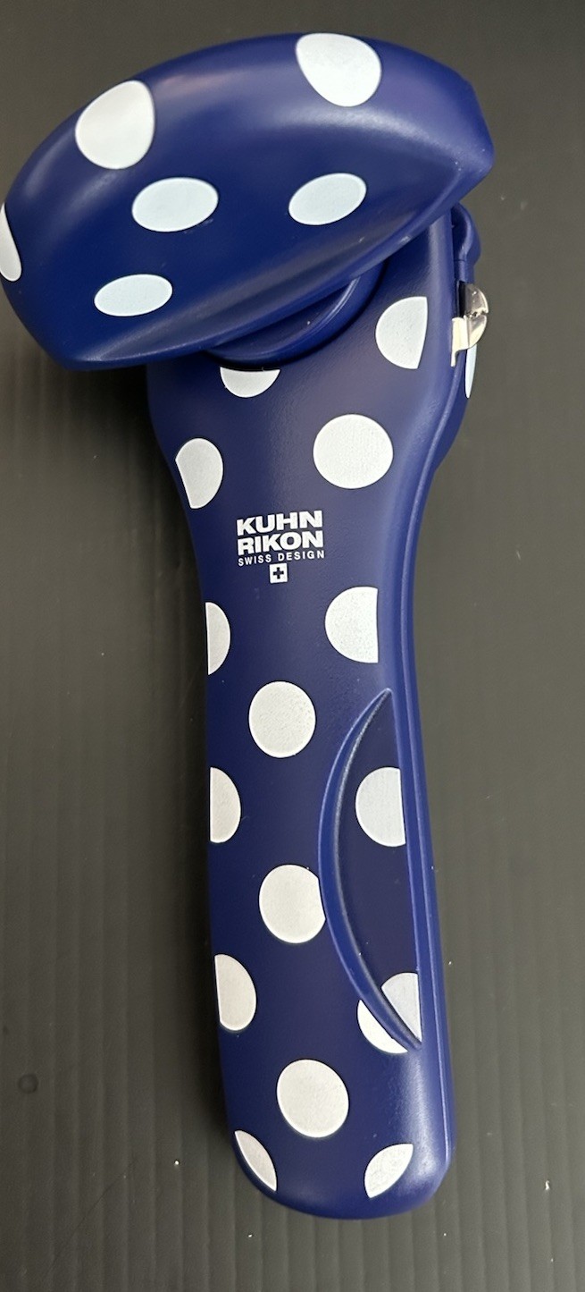 Kuhn Rikon Can Opener Auto Safety Blue Polka Dot Box New