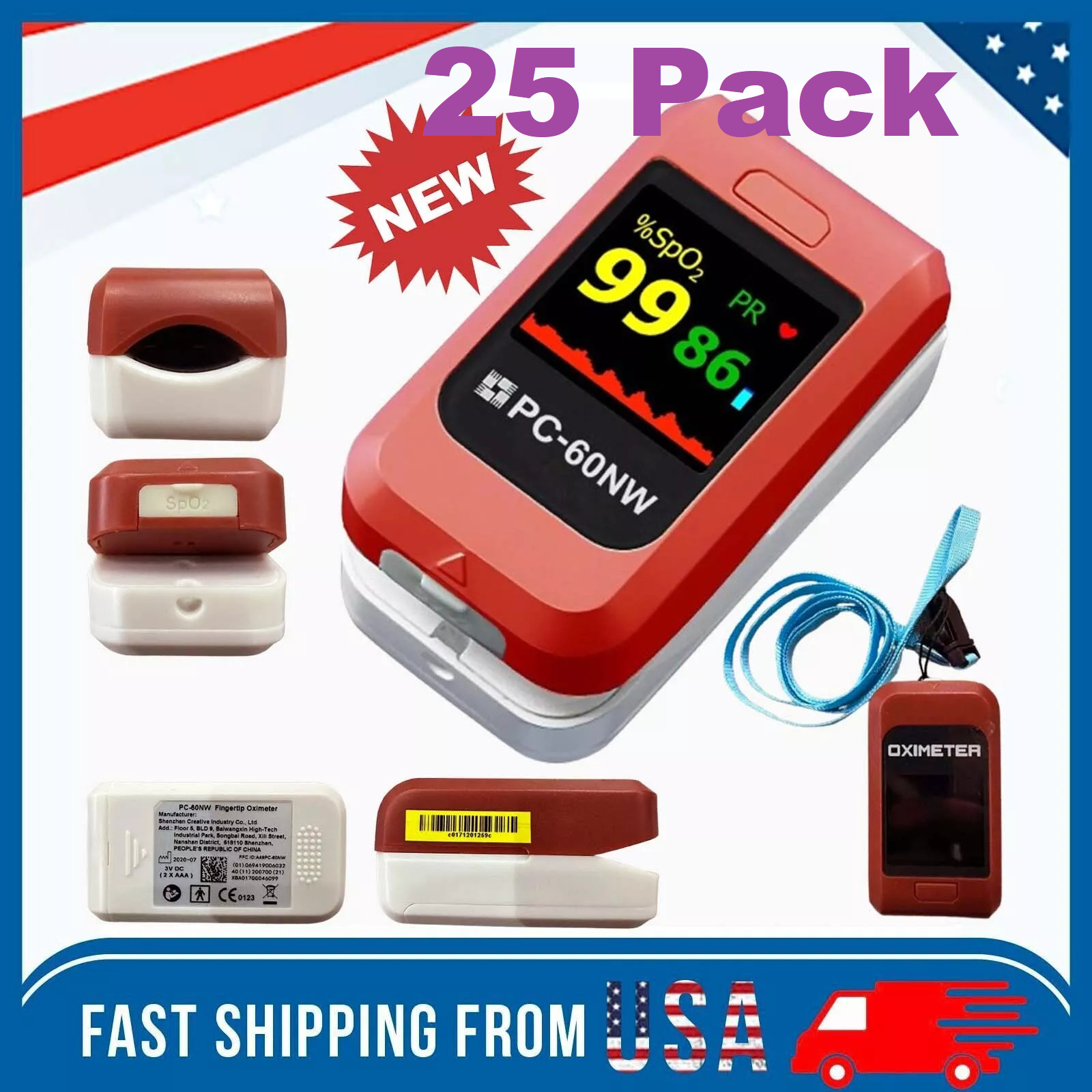 25 Pack Fingertip Pulse Oximeter  Blood Oxygen Meter SpO2 PR Heart Rate Monitor