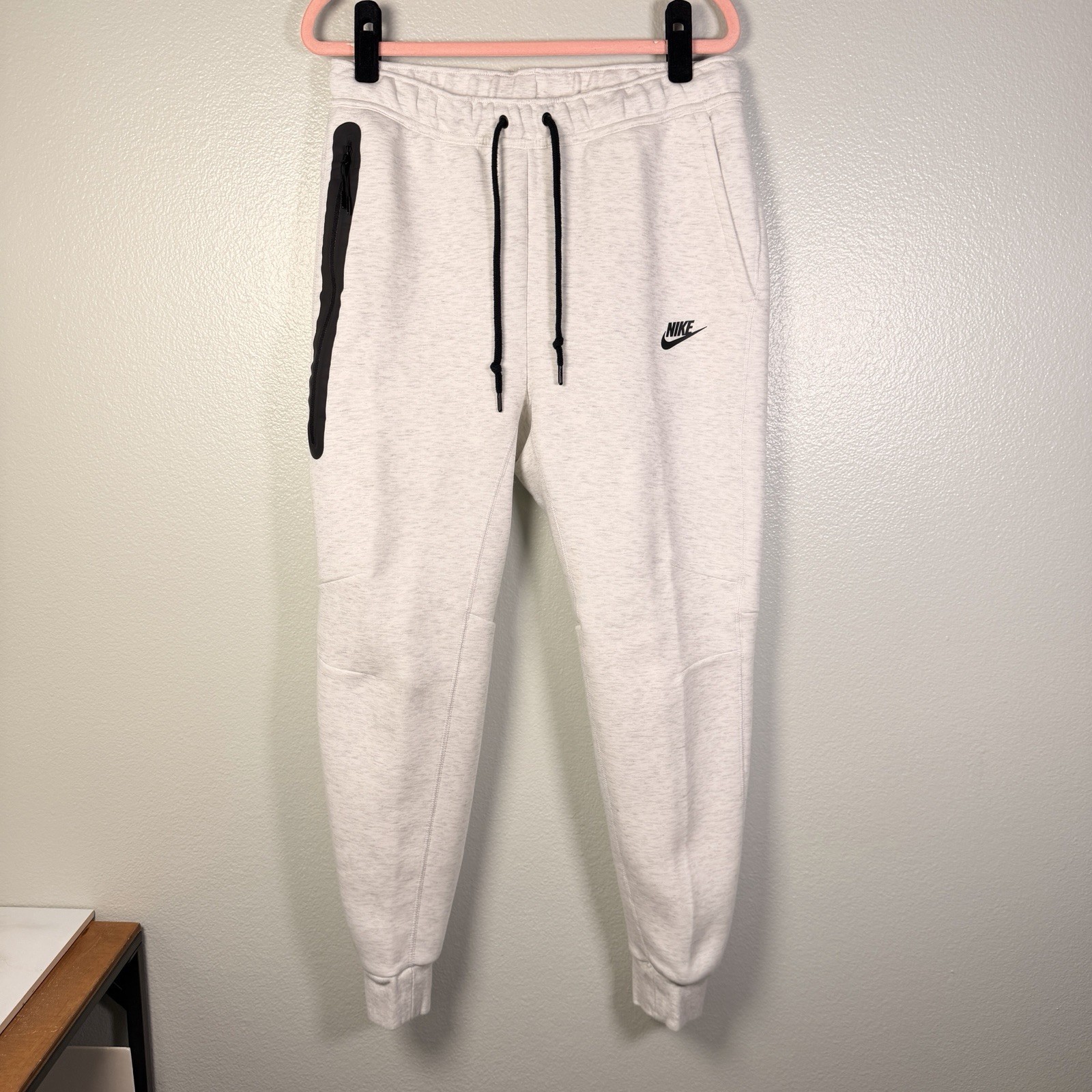 Nike Tech Fleece Joggers Mens Medium Light Oatmeal Heather Black Zip Drawstring