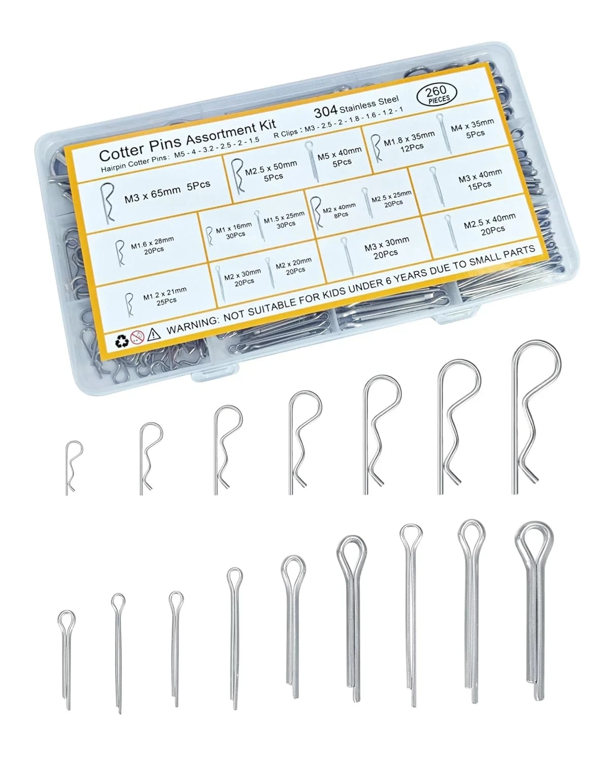 260 Pcs Cotter Pins Assortment Kit - 16 Sizes Hardware Pins Set 304 Stainless St