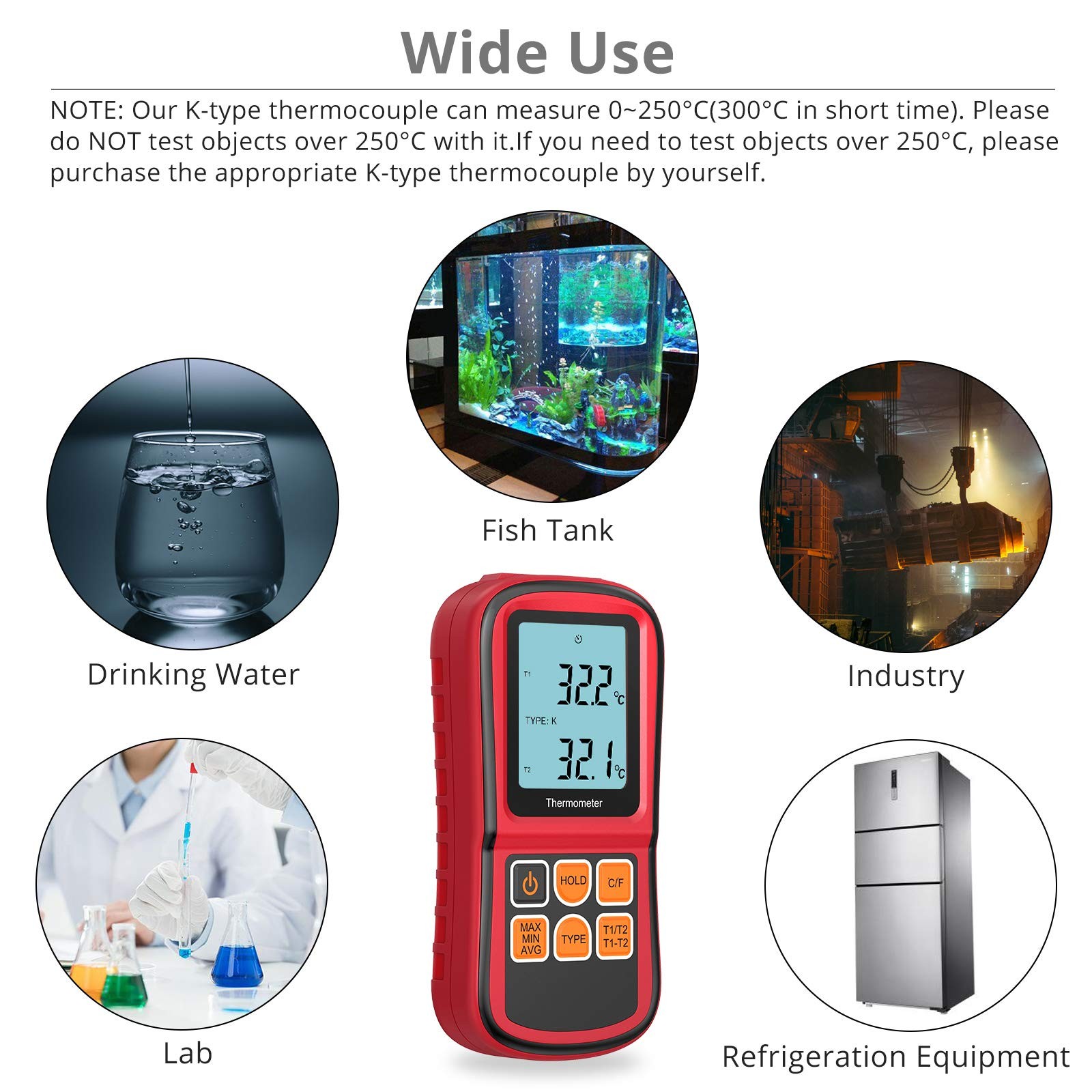 Digital Thermometer with Dual K Type Probes, High Temp Meter, LCD Display