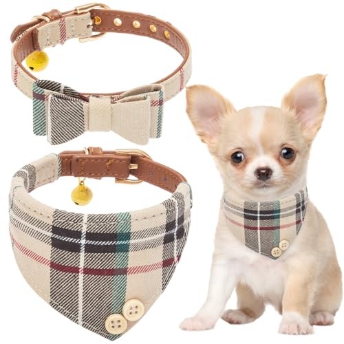 Dog Collar and Bandana Set - Classic Plaid Dog Bow X-Small Cream (2 Collars)