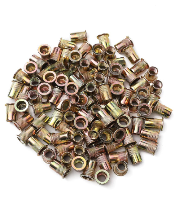 100PCS M6 Rivet Nuts Zinc Plated Carbon Steel Flat Head Knurled Thread Inserts