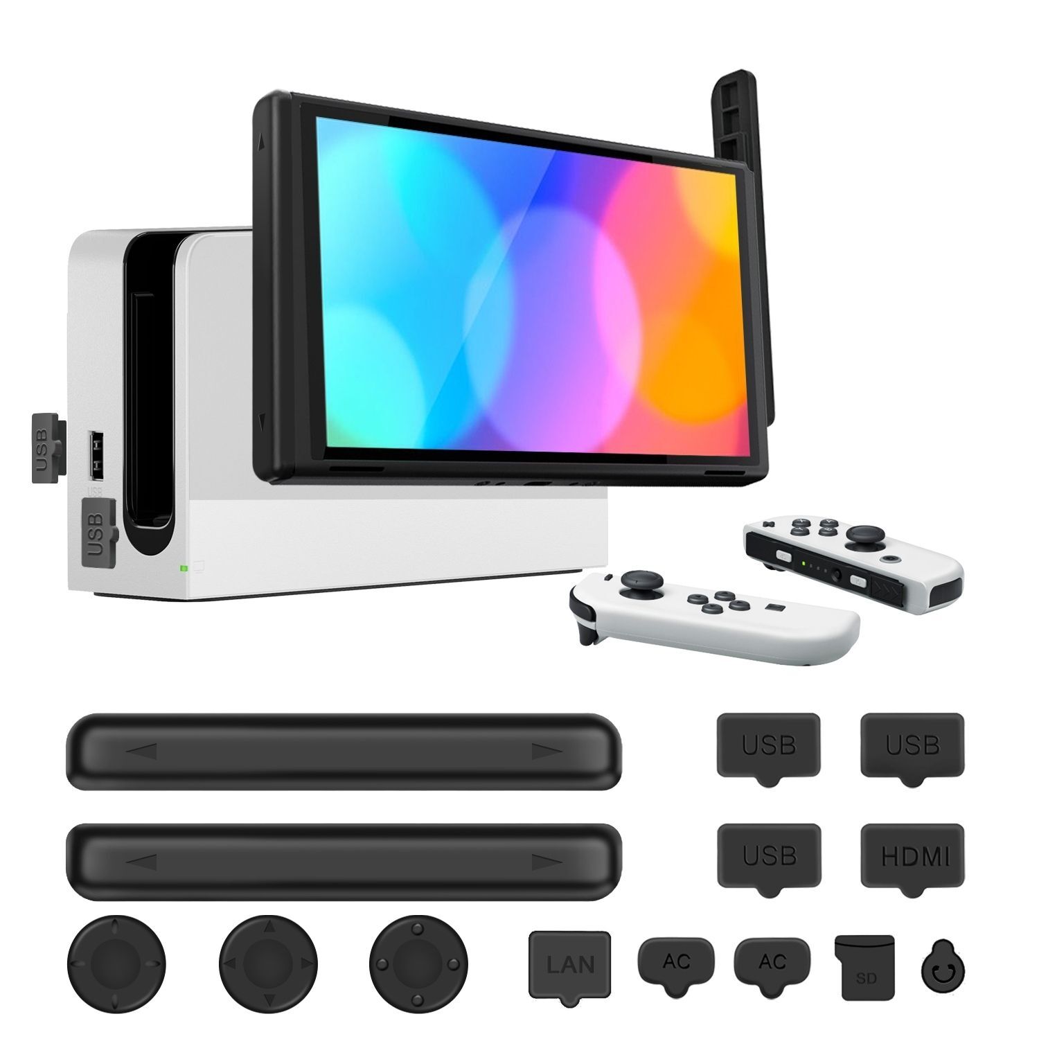 Dust Proof Kit for Nintendo Switch / OLED with 11x Rubber Plugs and 3x Grip Caps
