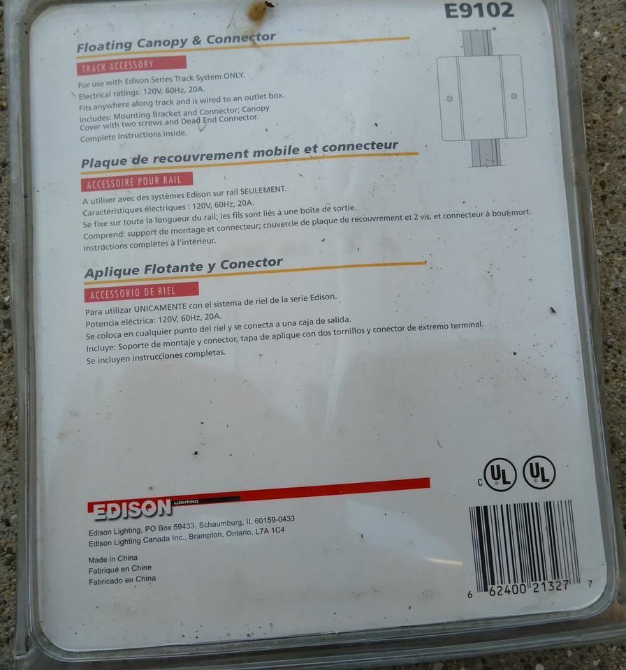 EDISON E9102 Track Lighting Floating Canopy and Connector WHITE - NEW, Sealed