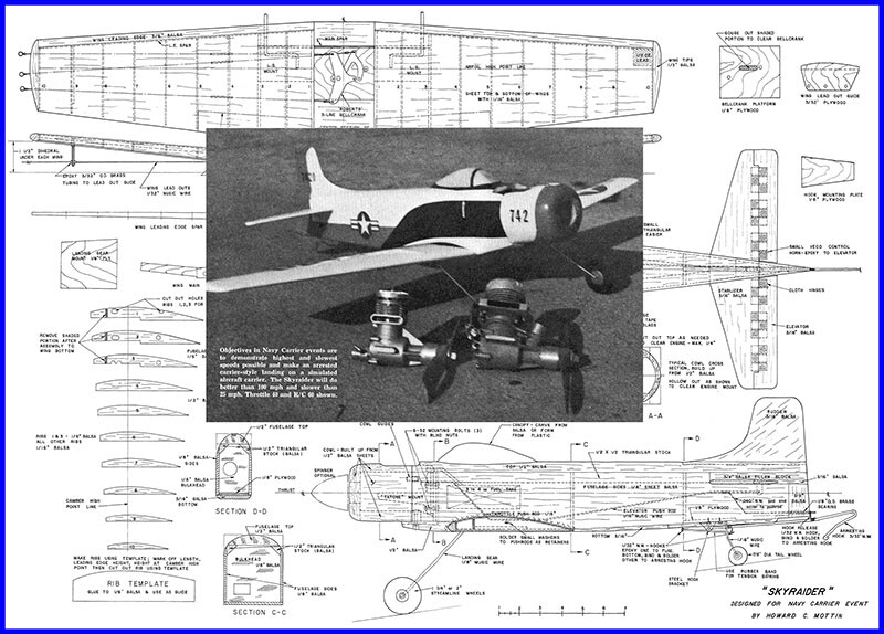 Model Airplane Plans (UC): Skyraider for Navy Carrier 30½" Class I-II .40-.60